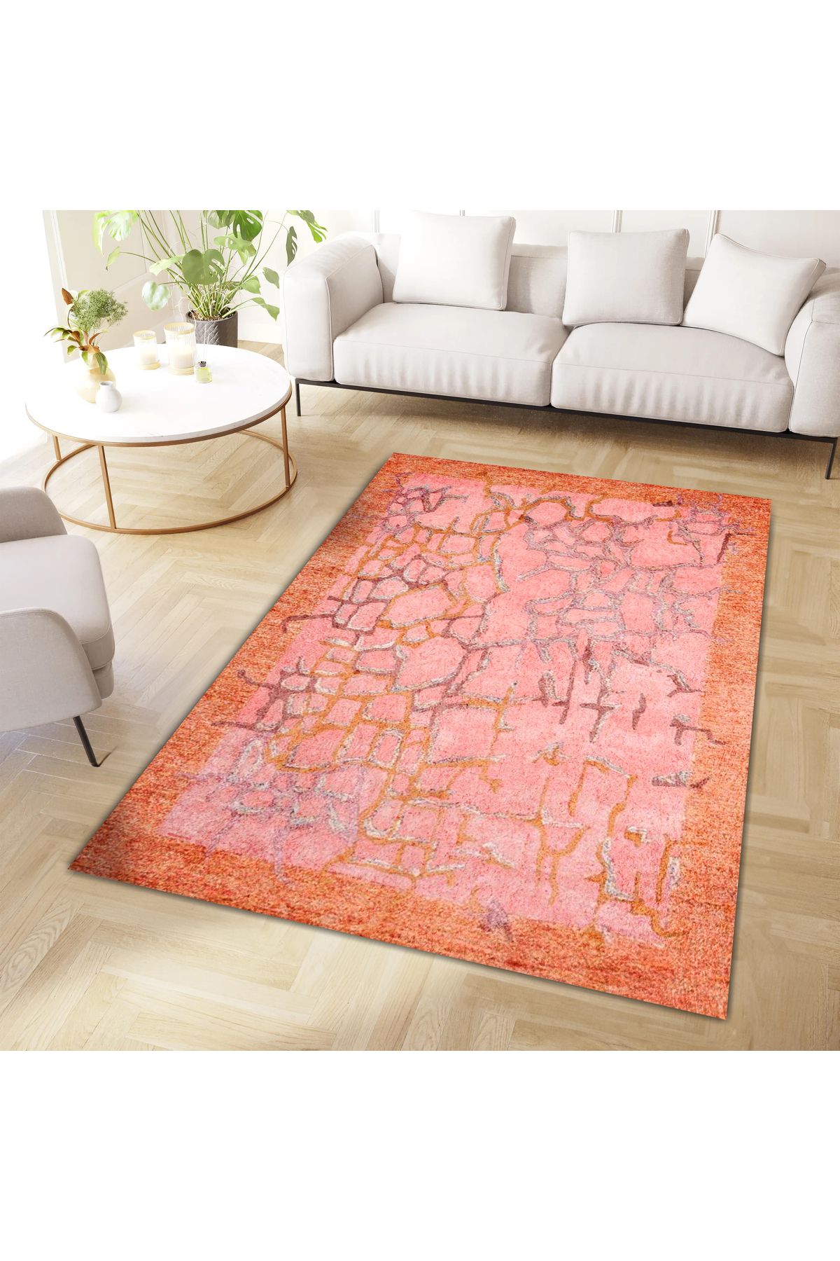 Aysu Koleksiyonu Turuncu Pembe Soyut Desenli Dokuma Taban Modern Dekoratif Halı aysu37
