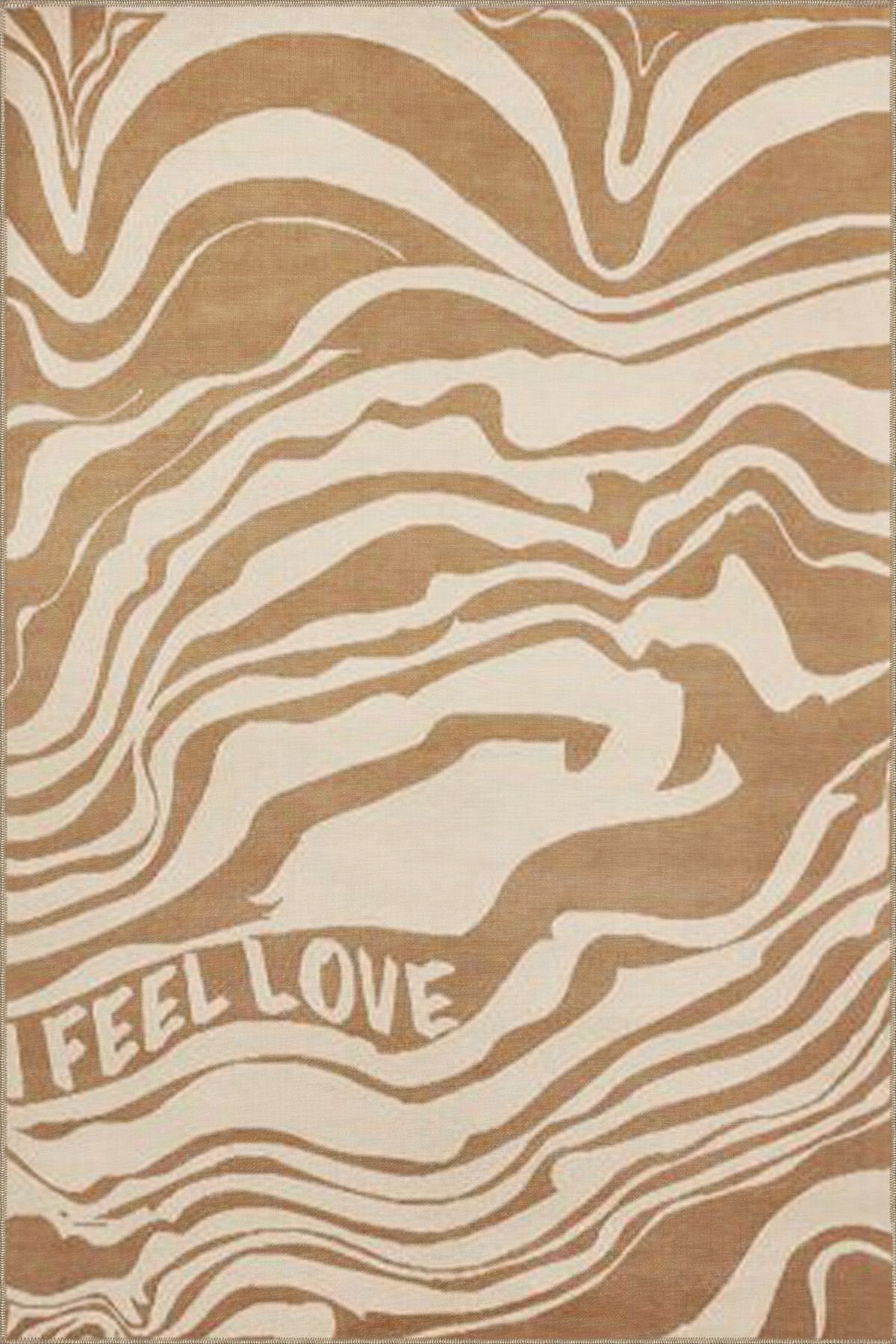 Kahverengi Krem Yazılı Dalgalı Desenli Modern Dekoratif Halı miravip476