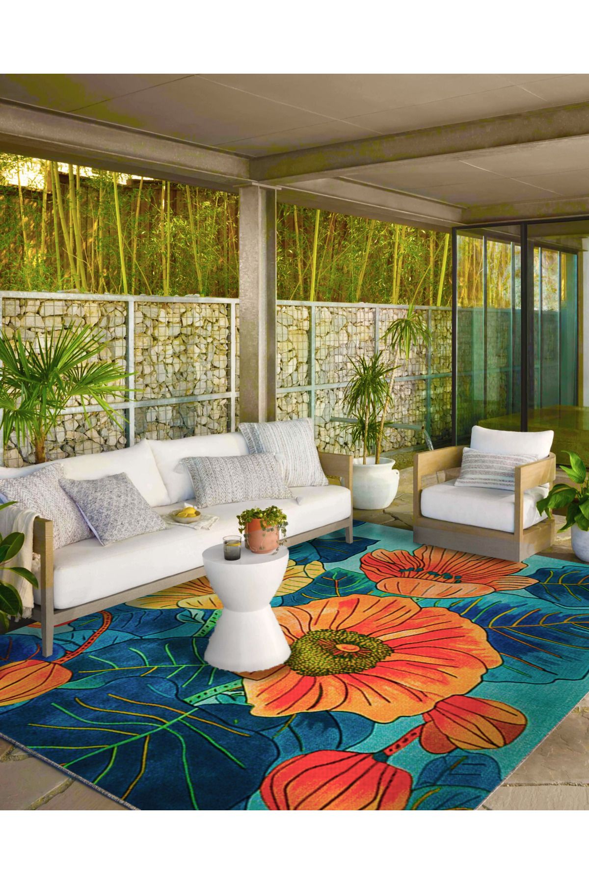 Paris Koleksiyonu Mavi Temalı Floral Çiçek Desenli Kreatif Modern Dekoratif Halı 134