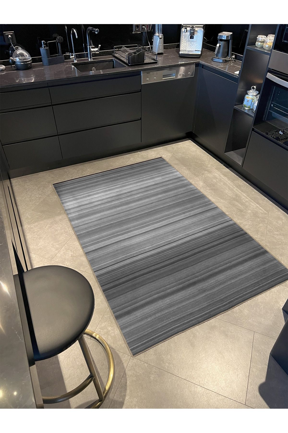 Gri Düz Çizgili Desenli Dokuma Taban Halı 4208