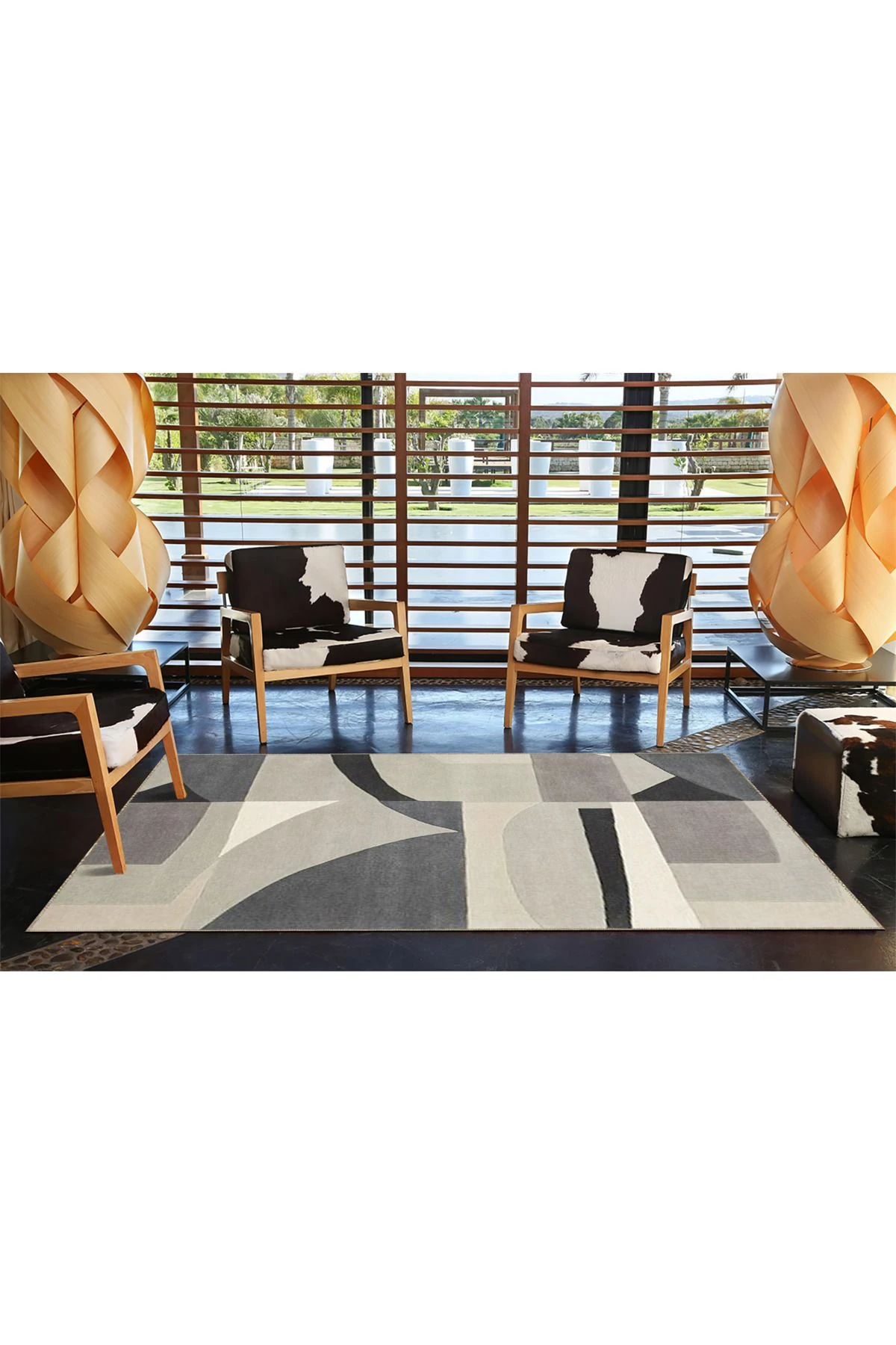 Krem Gri Geometrik Desenli Dokuma Taban miravip822