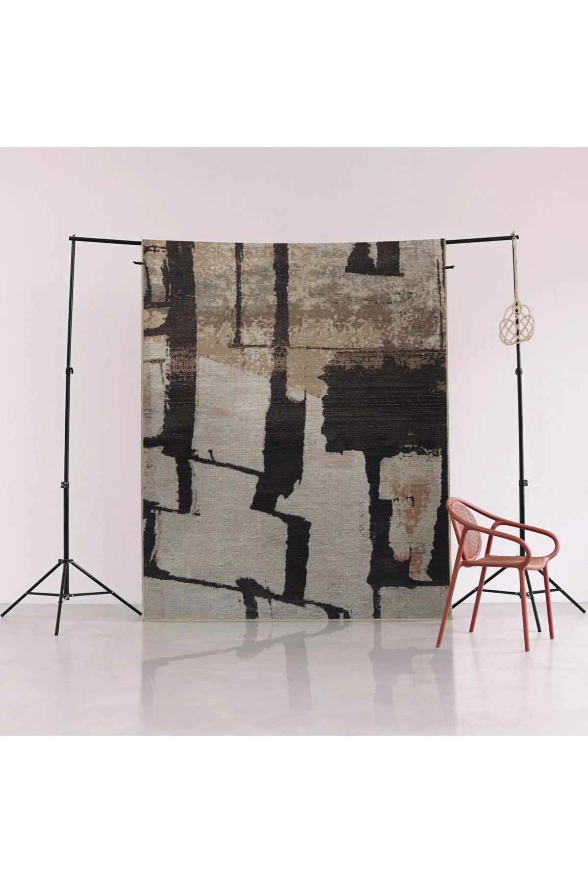 Siyah Bej Temalı Abstract Soyut Desenli Kreatif Modern Dekoratif Halı 3006