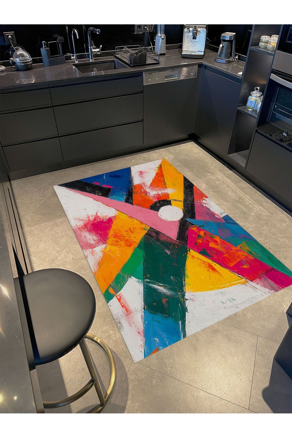 Kemal Koleksiyonu Çok Renkli Soyut Grafiti Sanatı Desenli Dokuma Taban Modern Dekoratif Halı 35