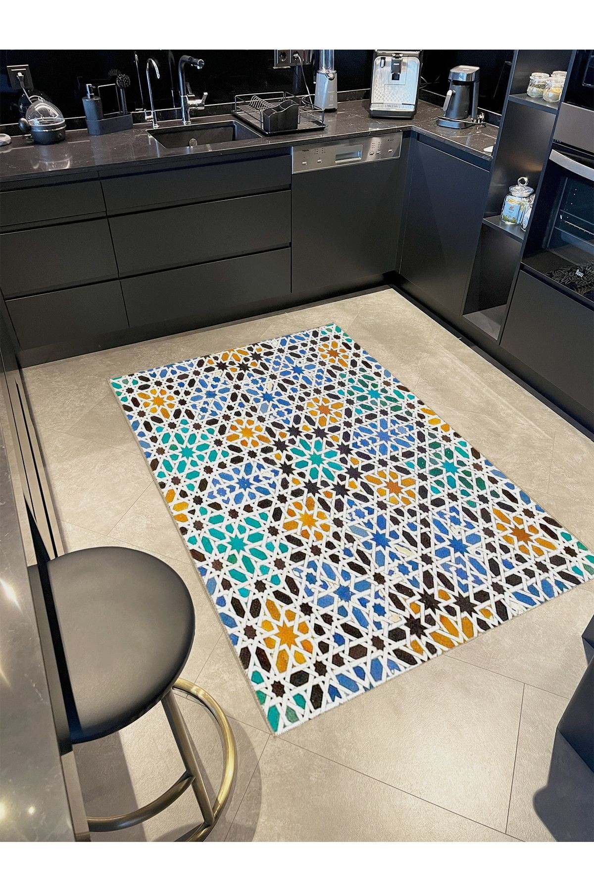 Semih Koleksiyonu Çok Renkli Yıldız Geometrik Şekiller Desenli Dokuma Taban Modern Dekoratif Halı 39