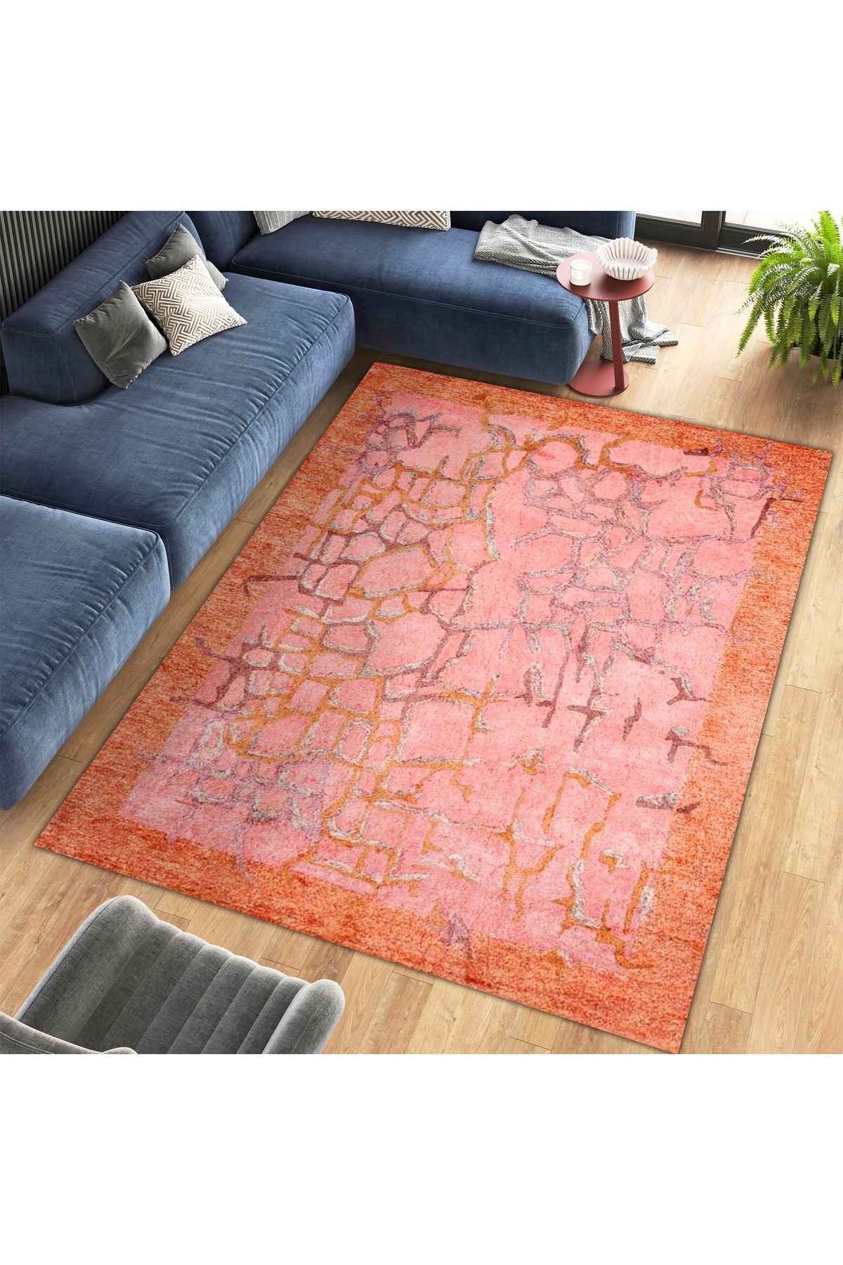 Aysu Koleksiyonu Turuncu Pembe Soyut Desenli Dokuma Taban Modern Dekoratif Halı aysu37