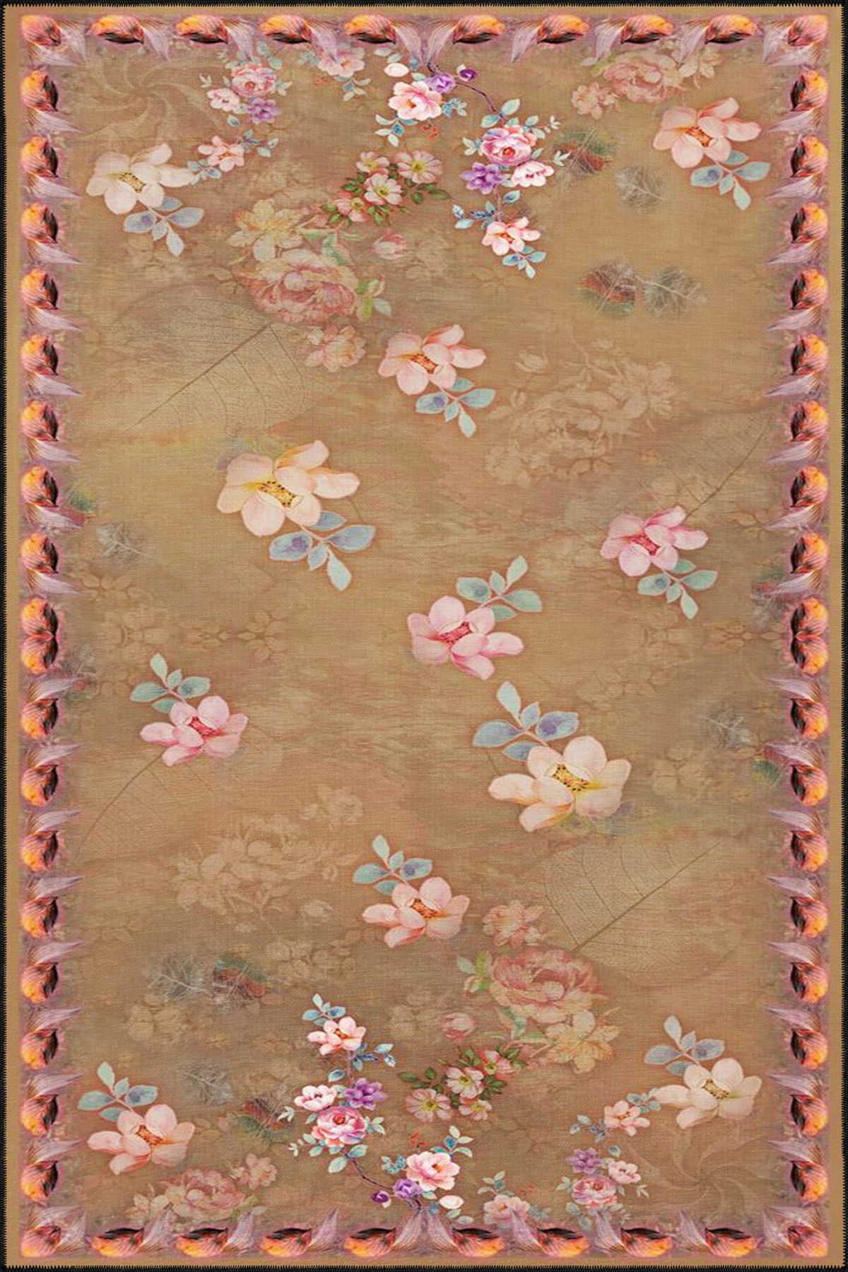 Çiçekli Modern Kahverengi Etnik Desenli Dokuma Taban ve Dekoratif Yıkanabilir Halı miravip8613