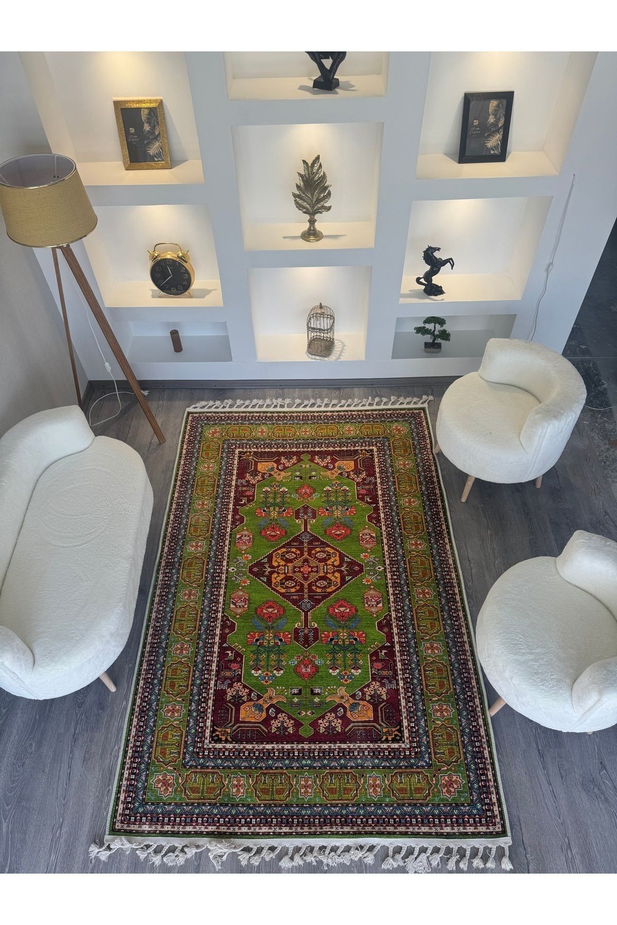 Opal Yeşil Antik Desenli Püskül Detaylı Dokuma Taban Modern Dekoratif Halı opal04