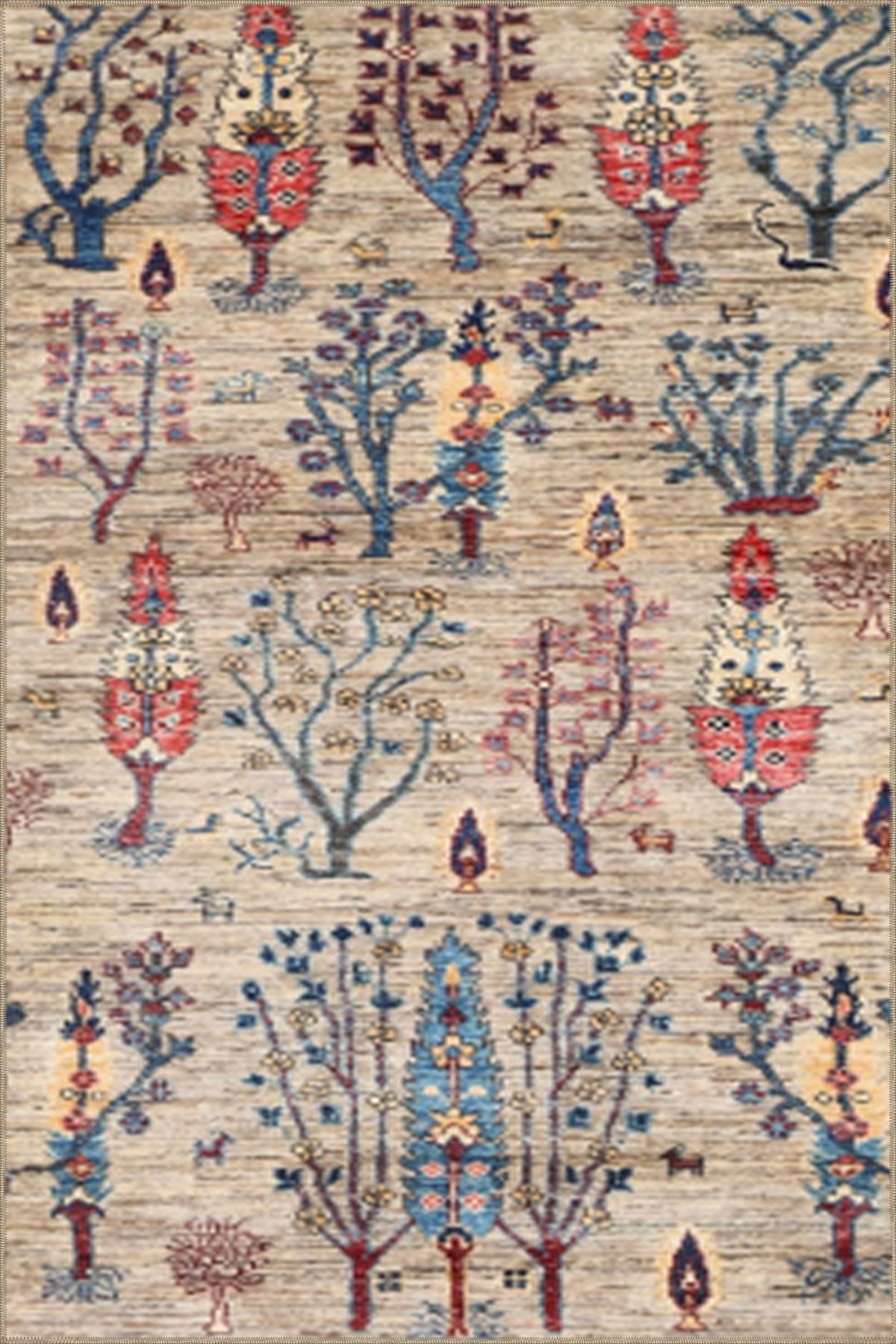 Krem Orman Çiçekli Baklavalı Desenli Dokuma Taban Halı ve Yıkanabilir Halı aloha86