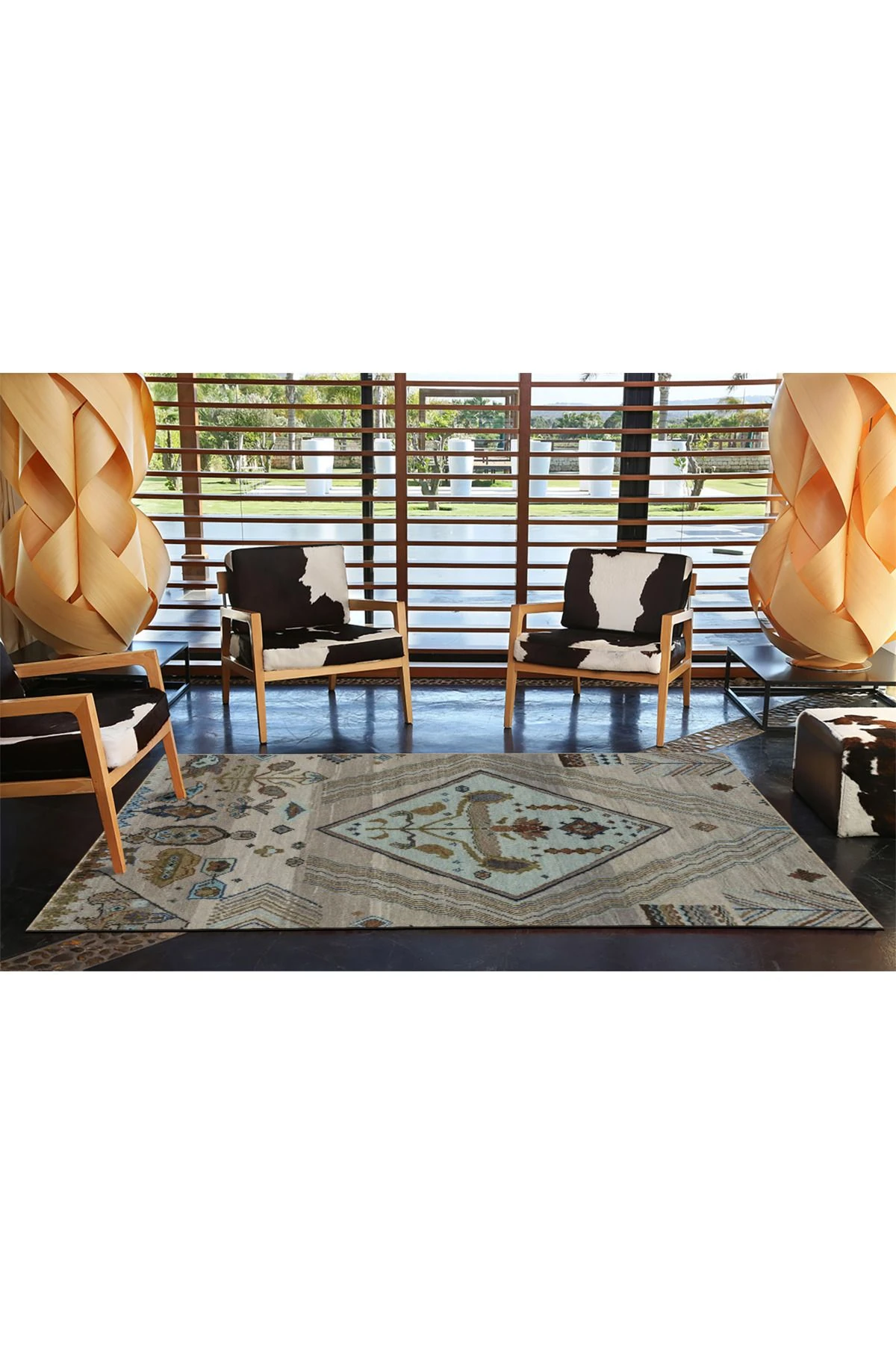 Gri Açık Mavi Temalı Geleneksel Motif Desenli Saçaklı Vintage Dekoratif Halı 4514