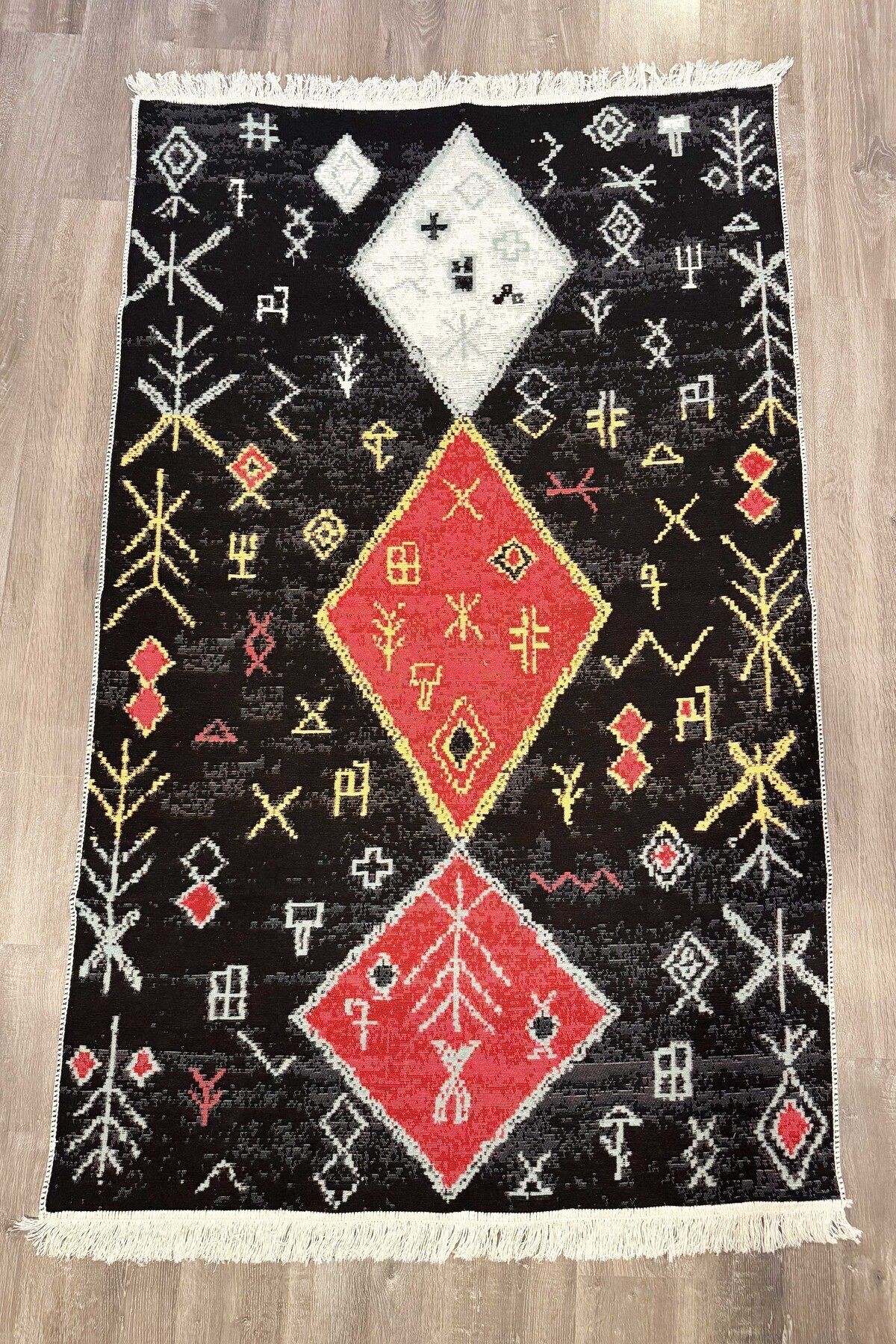 Alara Koleksiyonu Kırmızı Sarı Mavi Ve Siyah Kırmızı Çift Taraflı Pamuk Dokuma Saçaklı Kilim alara02