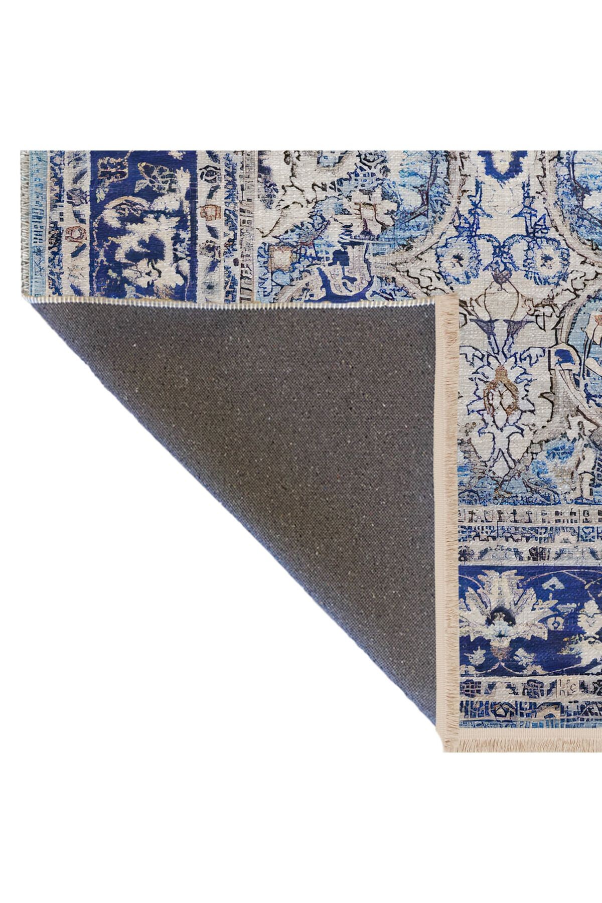Mavi Temalı Geleneksel Motif Etnik Çiçek Desenli Kreatif Vintage Dekoratif Halı 2576