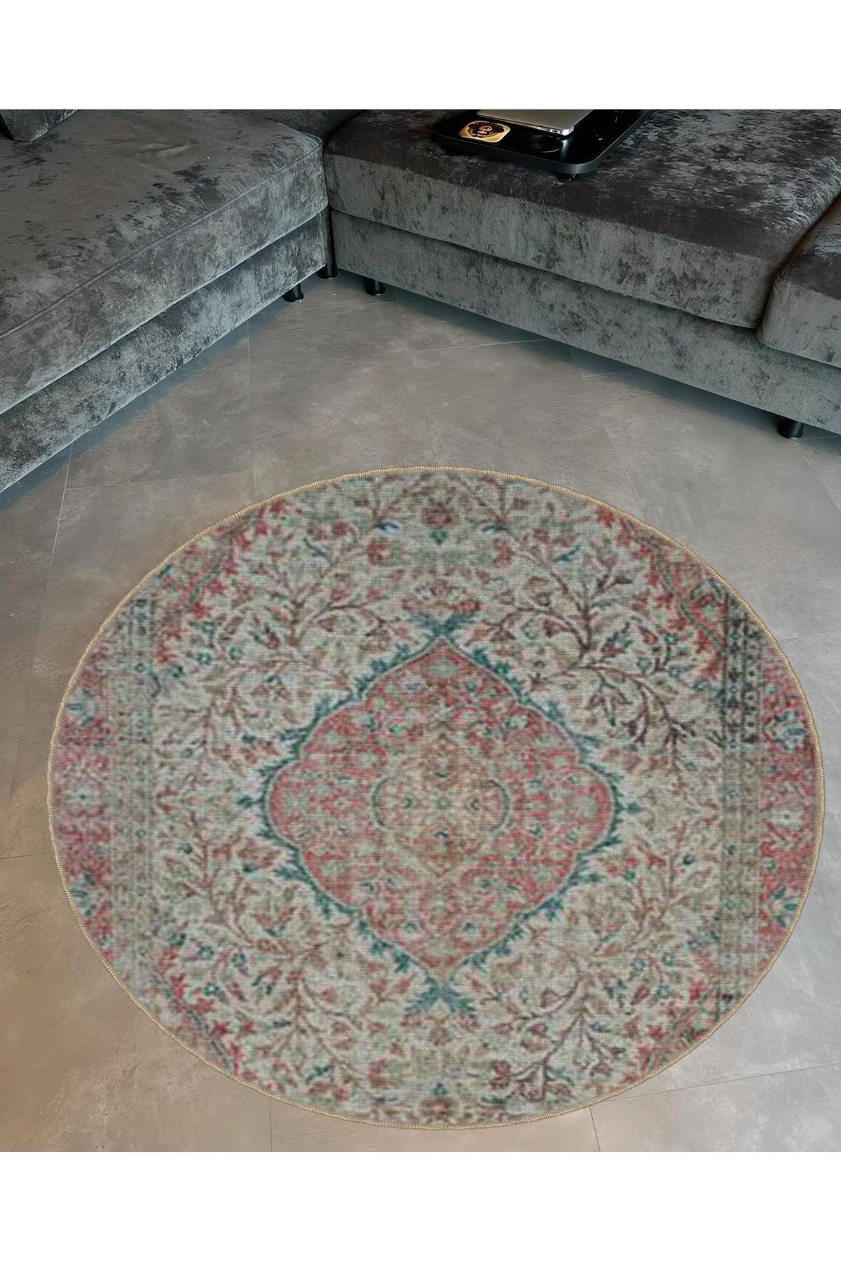 Açık Ton Geleneksel Desenli Yuvarlak Dokuma Taban Vintage Dekoratif Halı 6071
