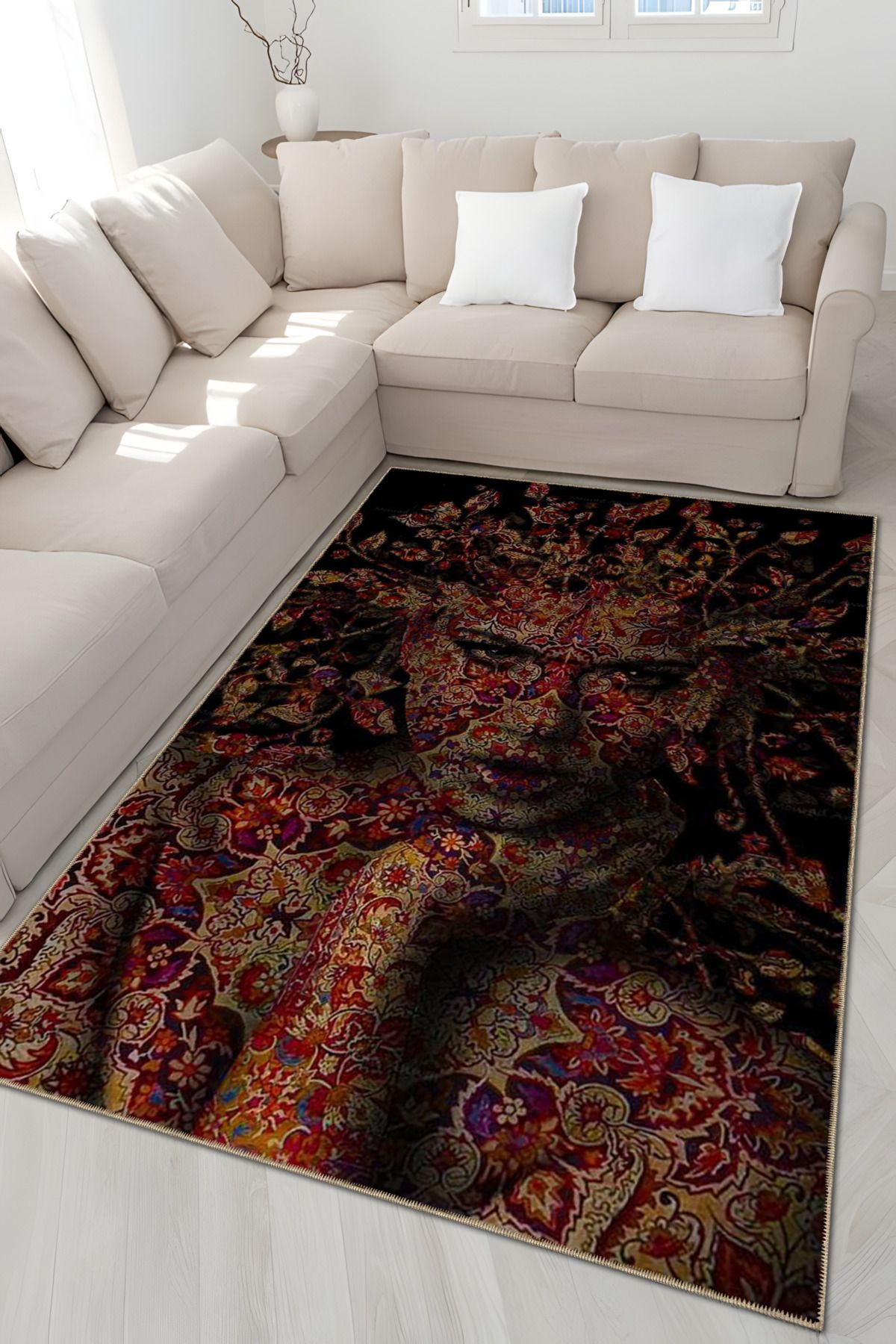 Siyah Bordo Temalı Motifli Etnik Kadın Yüzü Desenli Vintage Dekoratif Halı 4962