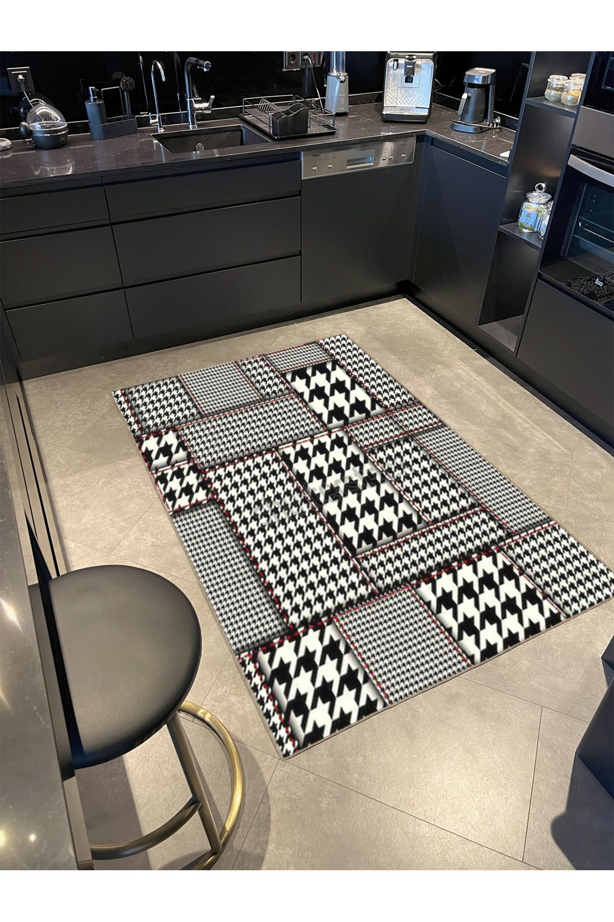 Gri Motifli Geometrik Dokuma Taban ve Dekoratif Yıkanabilir Halı miravip8506