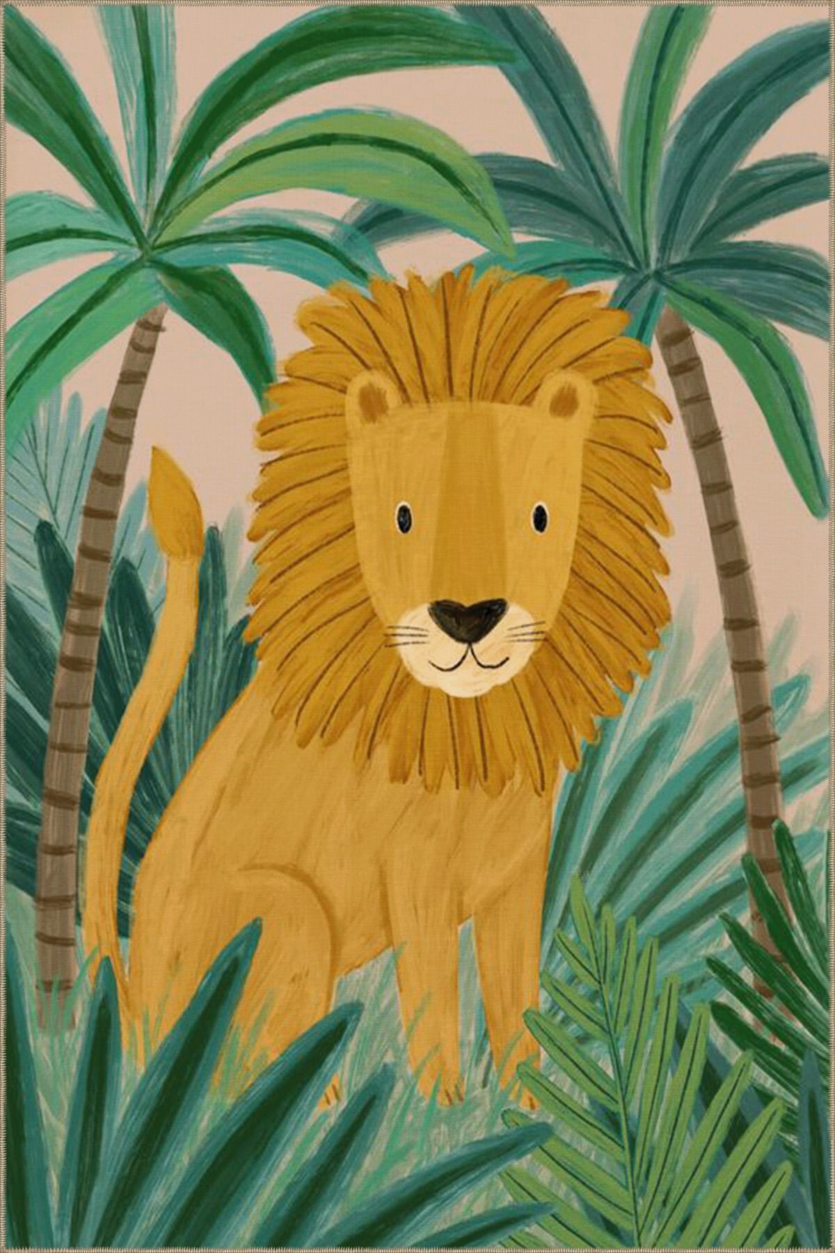Orman Temalı Aslan ve Ağaç Desenli Modern Dekoratif Halı 3540