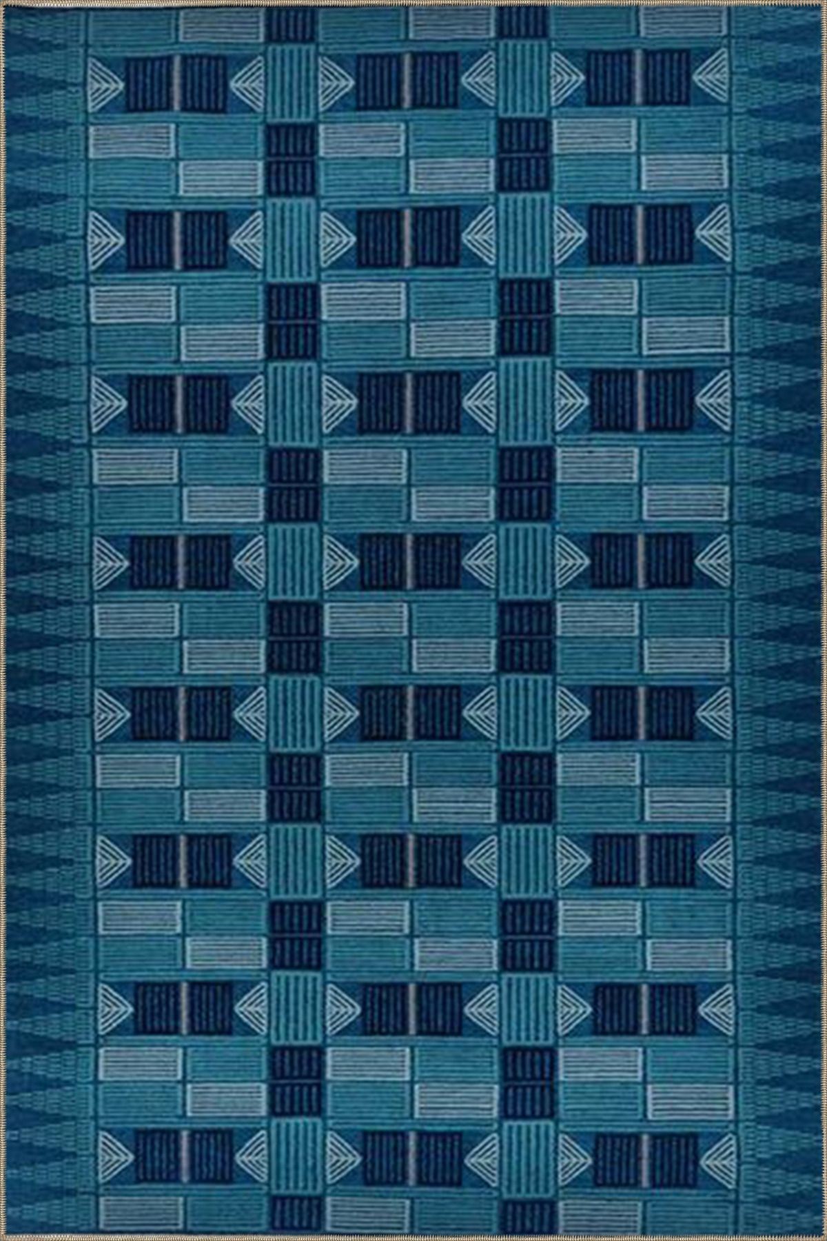 Kapalı Mavi Geometrik Kreatif  Dokuma Taban Halı 4187