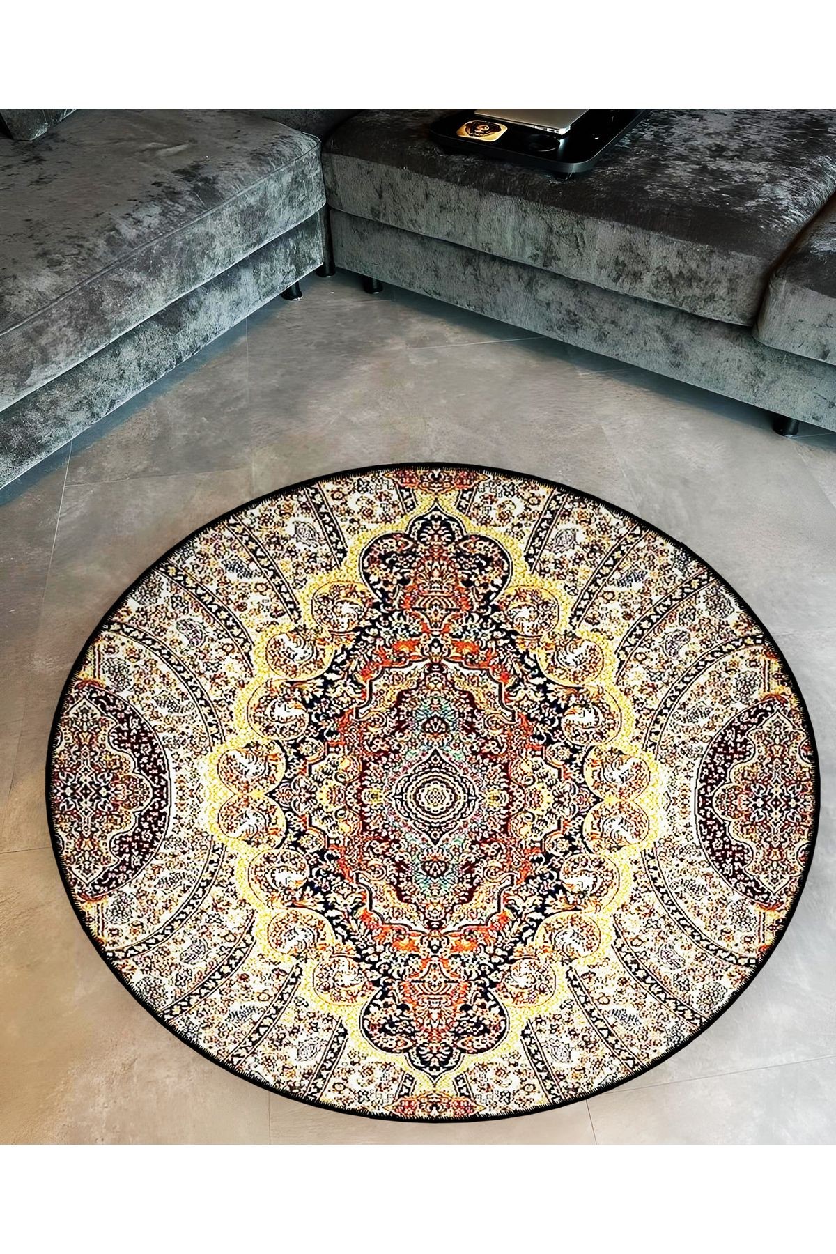 Bej Tonlar Geleneksel Motifli Desenli Yuvarlak Dokuma Taban Vintage Dekoratif Halı 6204