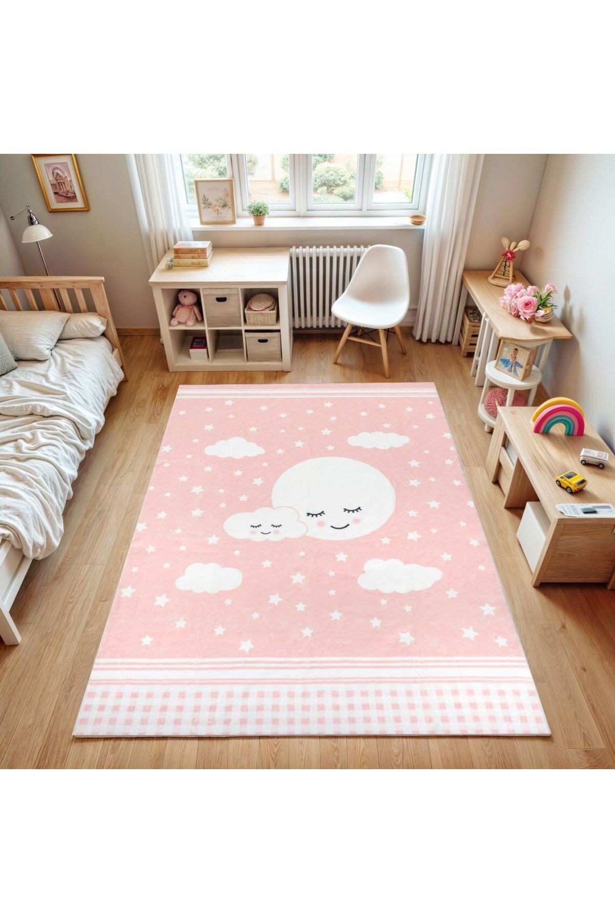 Asya Koleksiyonu Pembe Beyaz Ay Yıldızlar ve Bulut Detaylı Dokuma Taban Modern Dekoratif Halı asya27