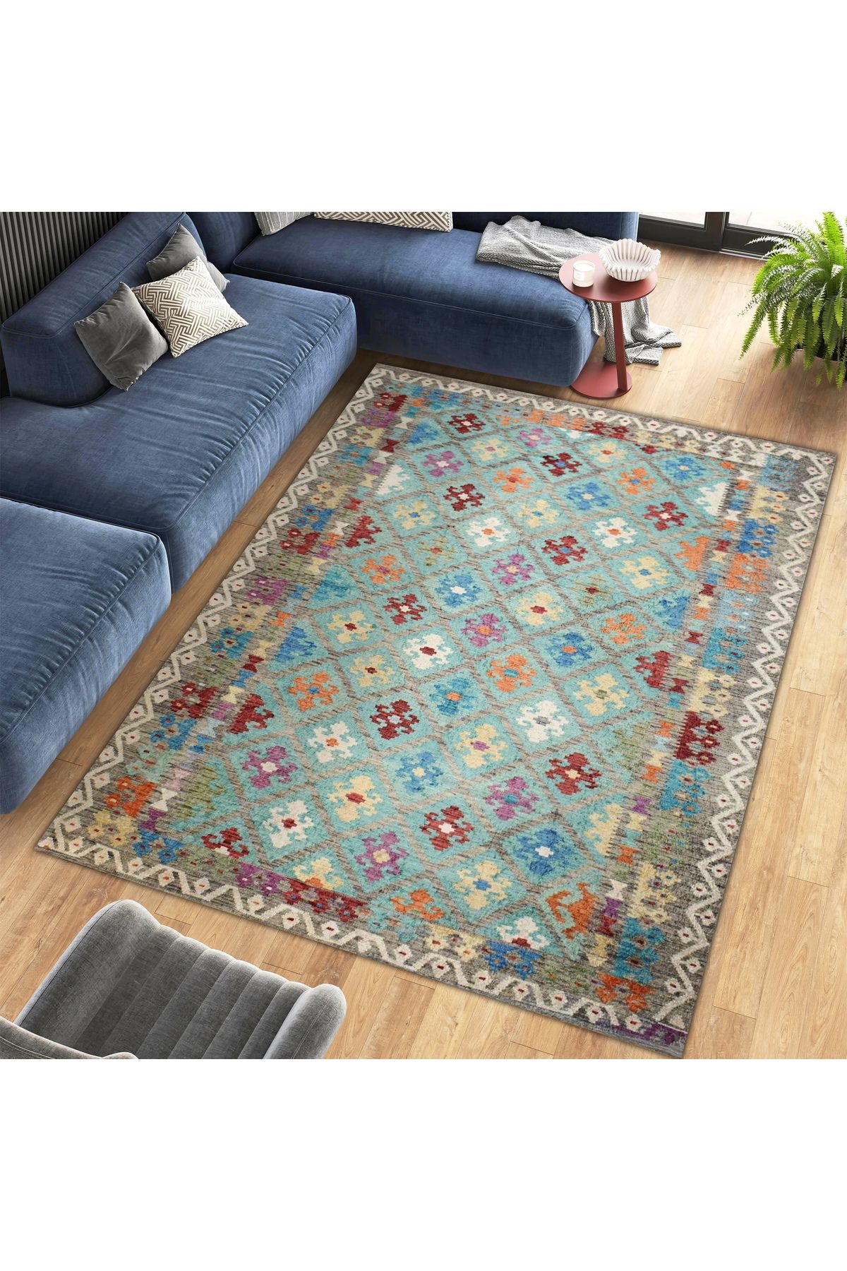 Mete Koleksiyonu Turkuaz Tema Etnik Motifler Desenli Vintage Dekoratif Halı 08