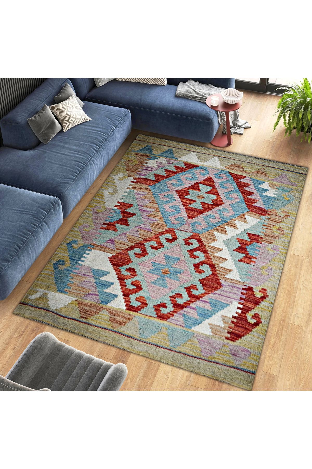 Mete Koleksiyonu Çok Renkli Geometrik Motifler Desenli Vintage Dekoratif Halı 14