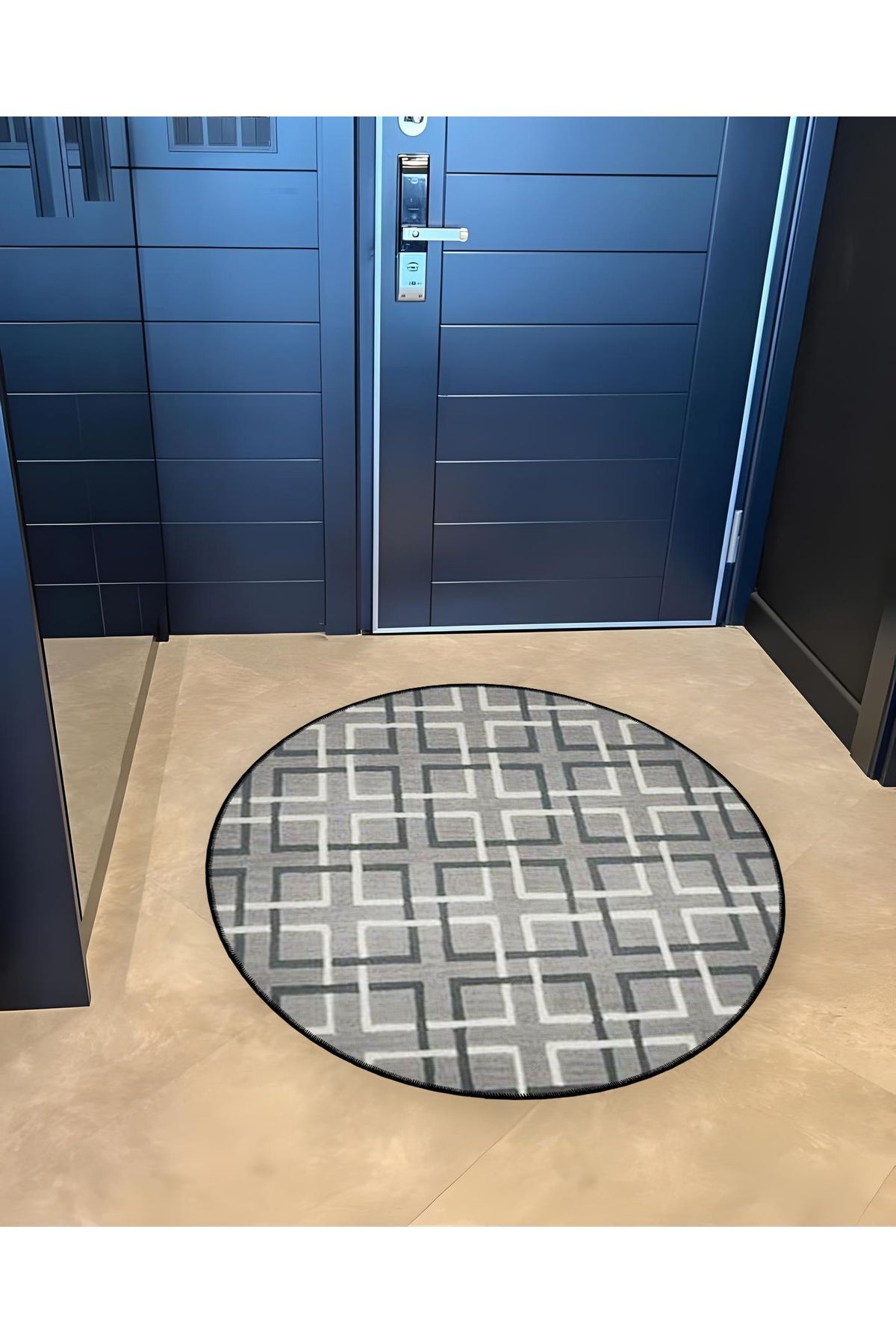 Mira Yuvarlak Gri Tonlarda Geometrik  Şekil Detaylı Dokuma Taban Modern Dekoratif Halı 5554