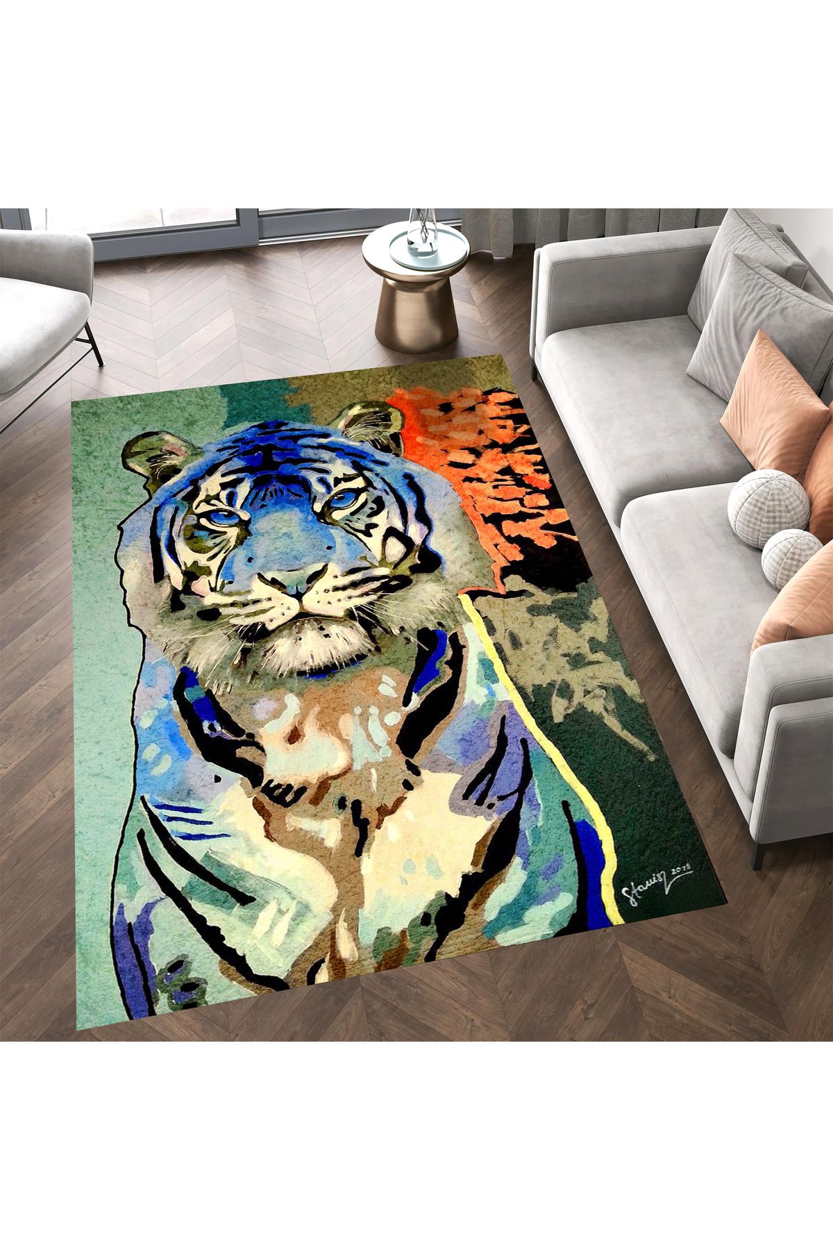 Kuzey Koleksiyonu Mavi Turuncu Detaylı Kaplan Desenli Dokuma Taban Dekoratif Halı kuzey27