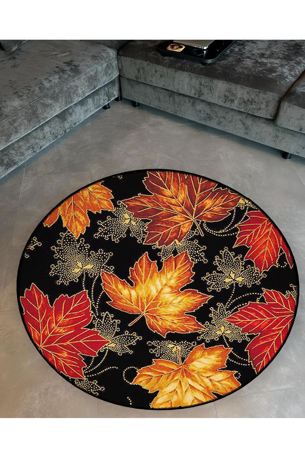 Mira Yuvarlak Siyah Sonbahar Yaprakları Detaylı Dokuma Taban Modern Dekoratif Halı 5578