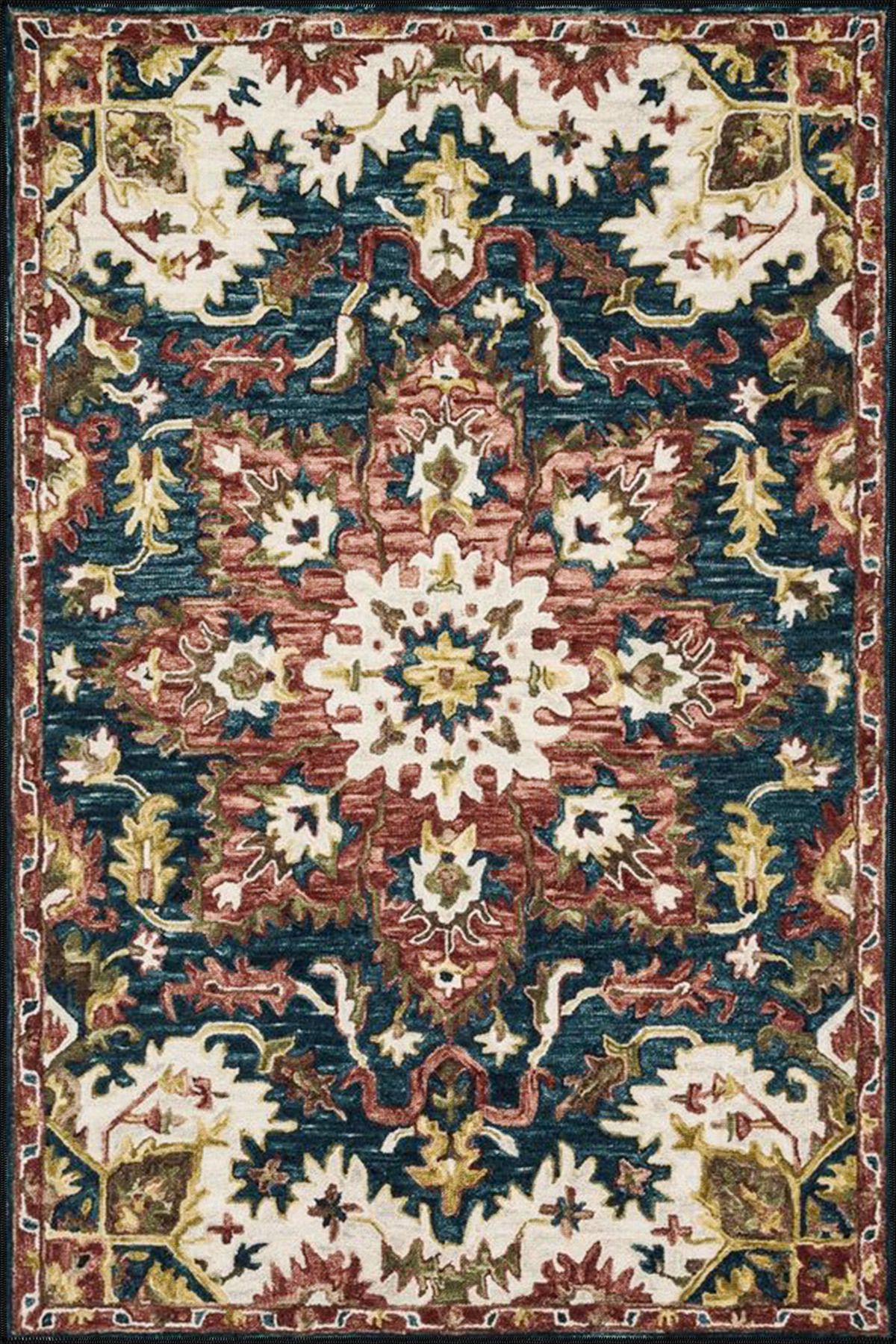 Kırmızı Mavi Tonlarda Geleneksel Baklavalı Desenli Dokuma Taban Halı miravip328