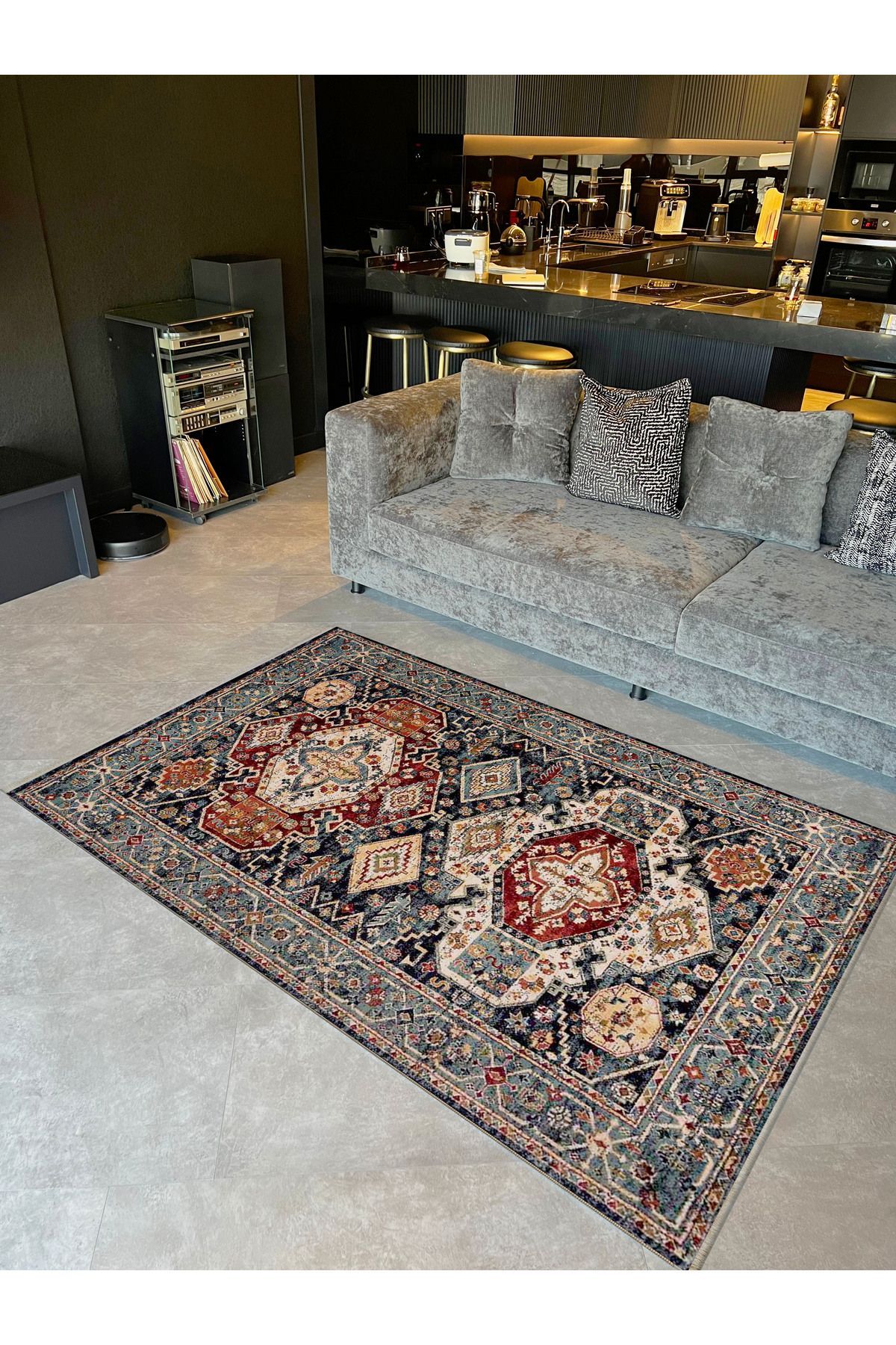 İnci Koleksiyonu Koyu Ton Etnik Geleneksel Desenli Dokuma Taban Vintage Dekoratif Halı inci15