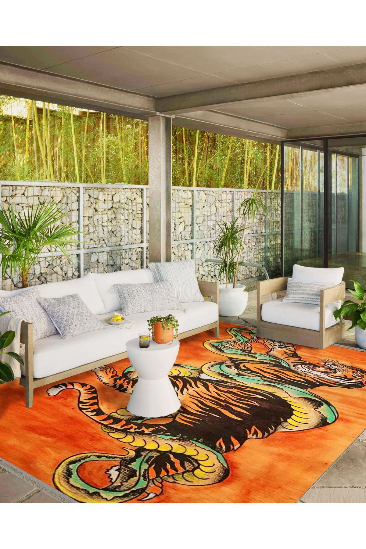 İnci Koleksiyonu Turuncu Tema Kaplan ve Yılan Desenli Dokuma Taban Modern Dekoratif Halı inci22