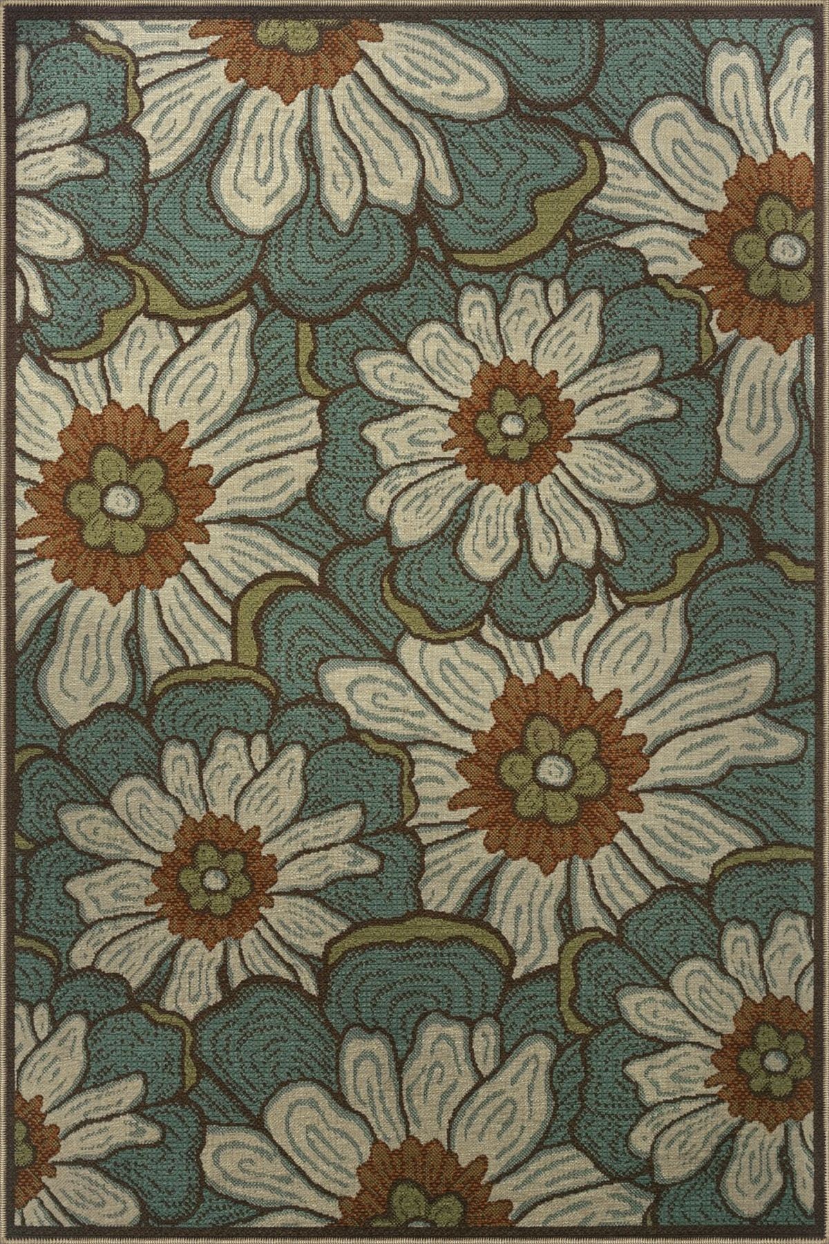 Yeşil Temalı Karma Çiçek Papatya Desenli Kreatif Modern Dekoratif Halı 2964