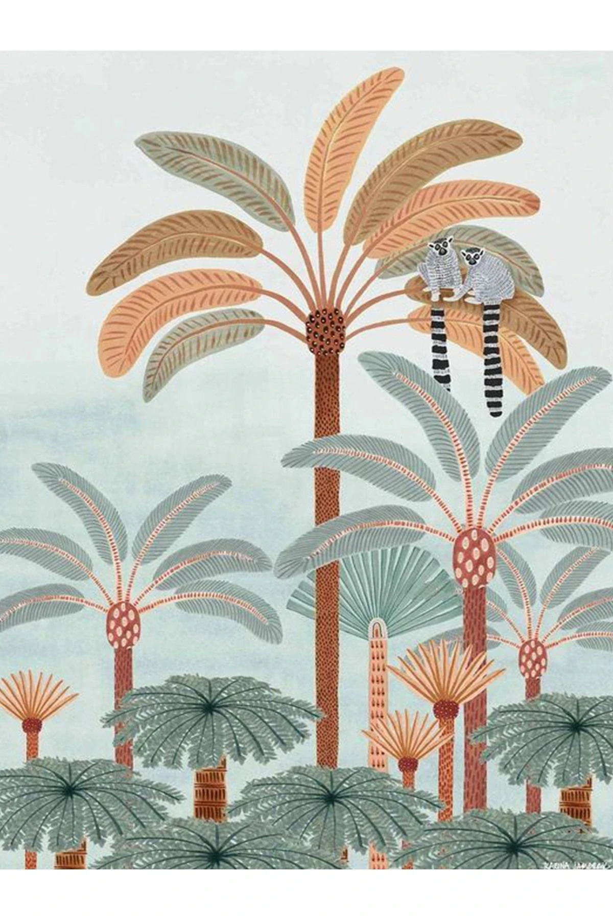 Kubilay Koleksiyonu Tropikal Palmiye Ağaç ve Maymunlar Desenli Dokuma Taban Modern Dekoratif Halı 05