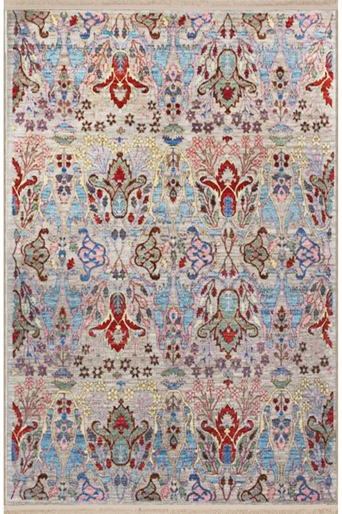 Çok Renkli Geleneksel Motif Etnik Desenli Saçaklı Vintage Dekoratif Halı 3173
