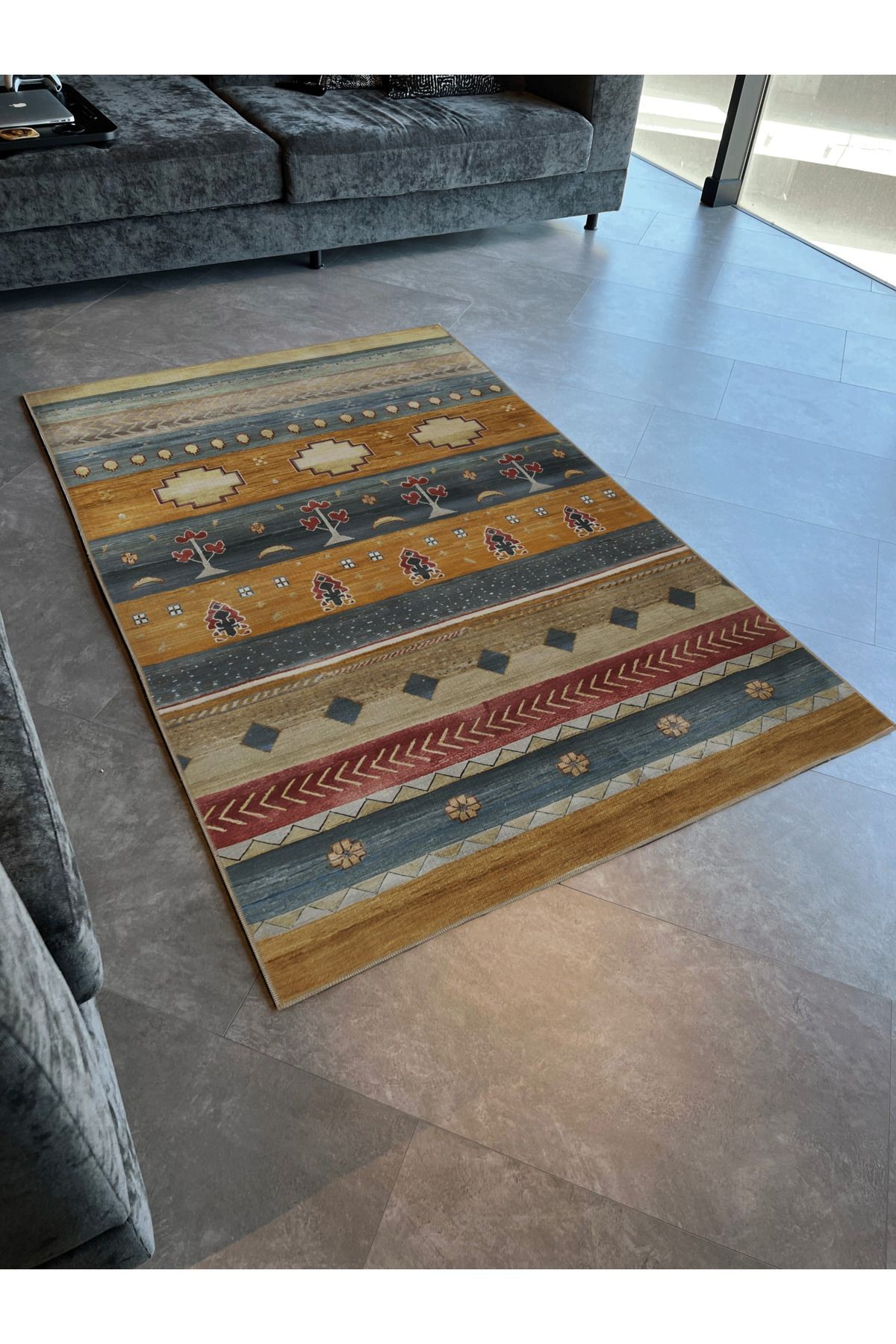 Sarı Mavi Temalı Çok Renkli Şerit Bölme Karma Şekil Desenli Modern Dekoratif Halı 2282