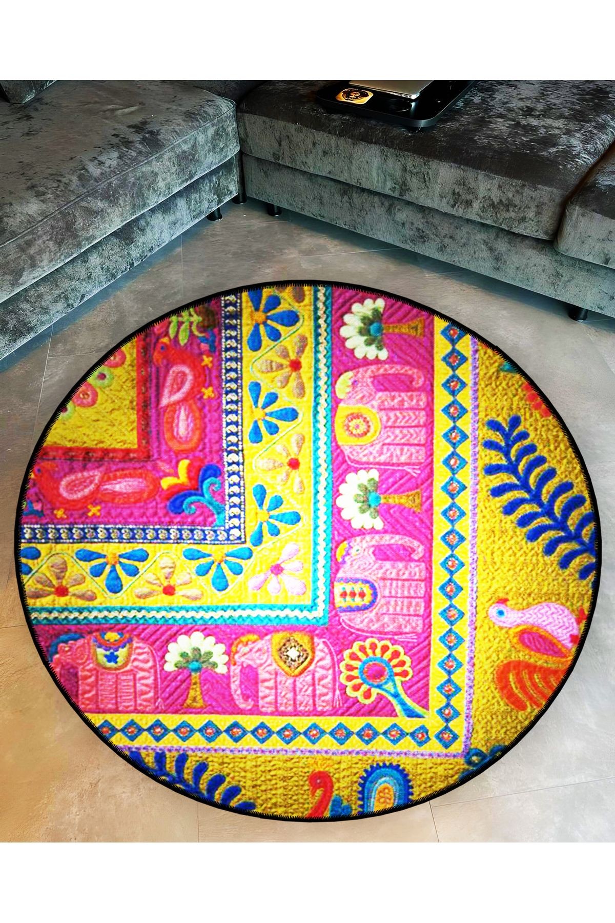 Mira Yuvarlak Sarı Pembe Etnik Desen Fil Detaylı Dokuma Taban Modern Dekoratif Halı 5788