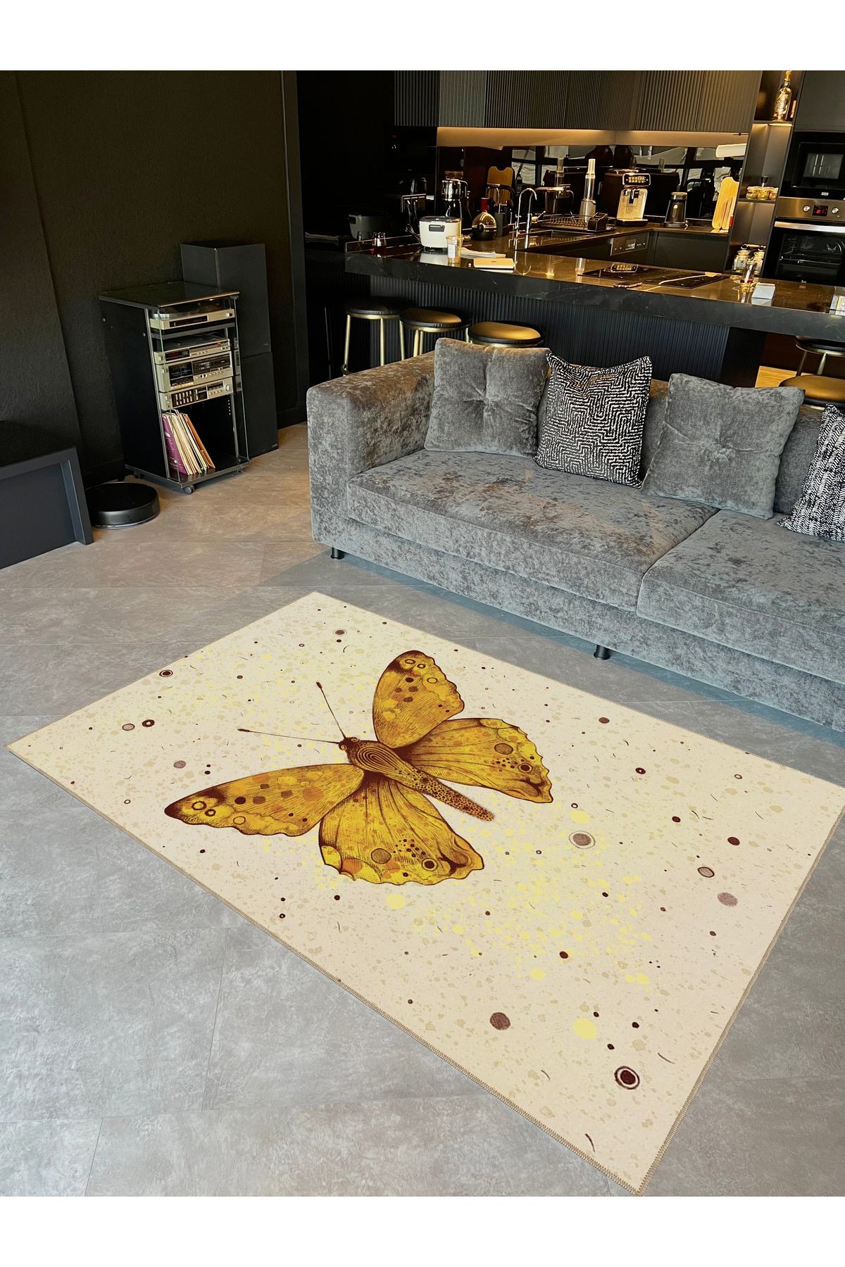 Buse Koleksiyonu Sarı Kelebek Desenli Dokuma Taban Modern Dekoratif Halı buse32