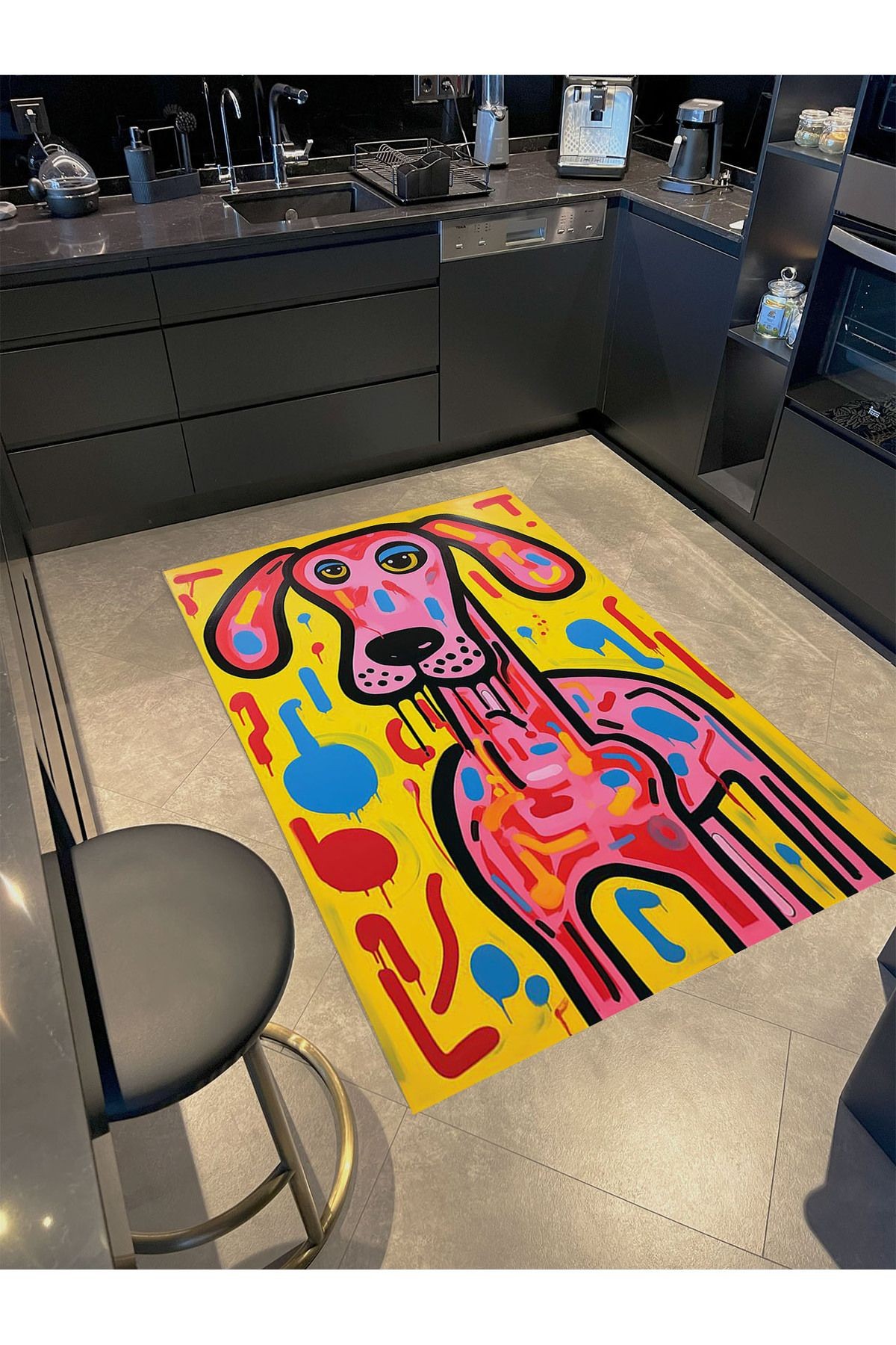 Kubilay Koleksiyonu Sarı Pembe Temalı Köpek Karikatürü Desenli Dokuma Taban Modern Dekoratif Halı 25
