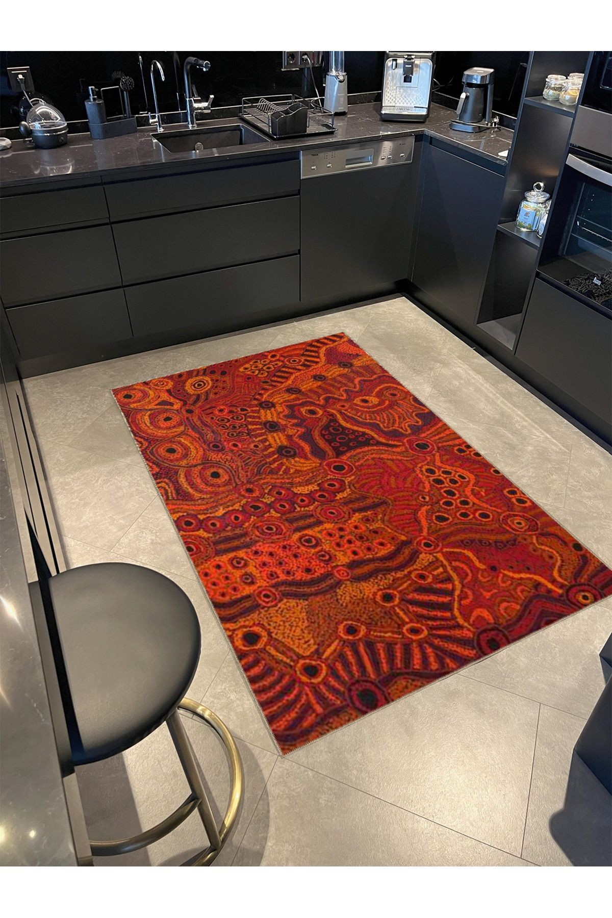 Turuncu Temalı Karma Soyut Şekil Desenli Modern Dekoratif Halı 4848