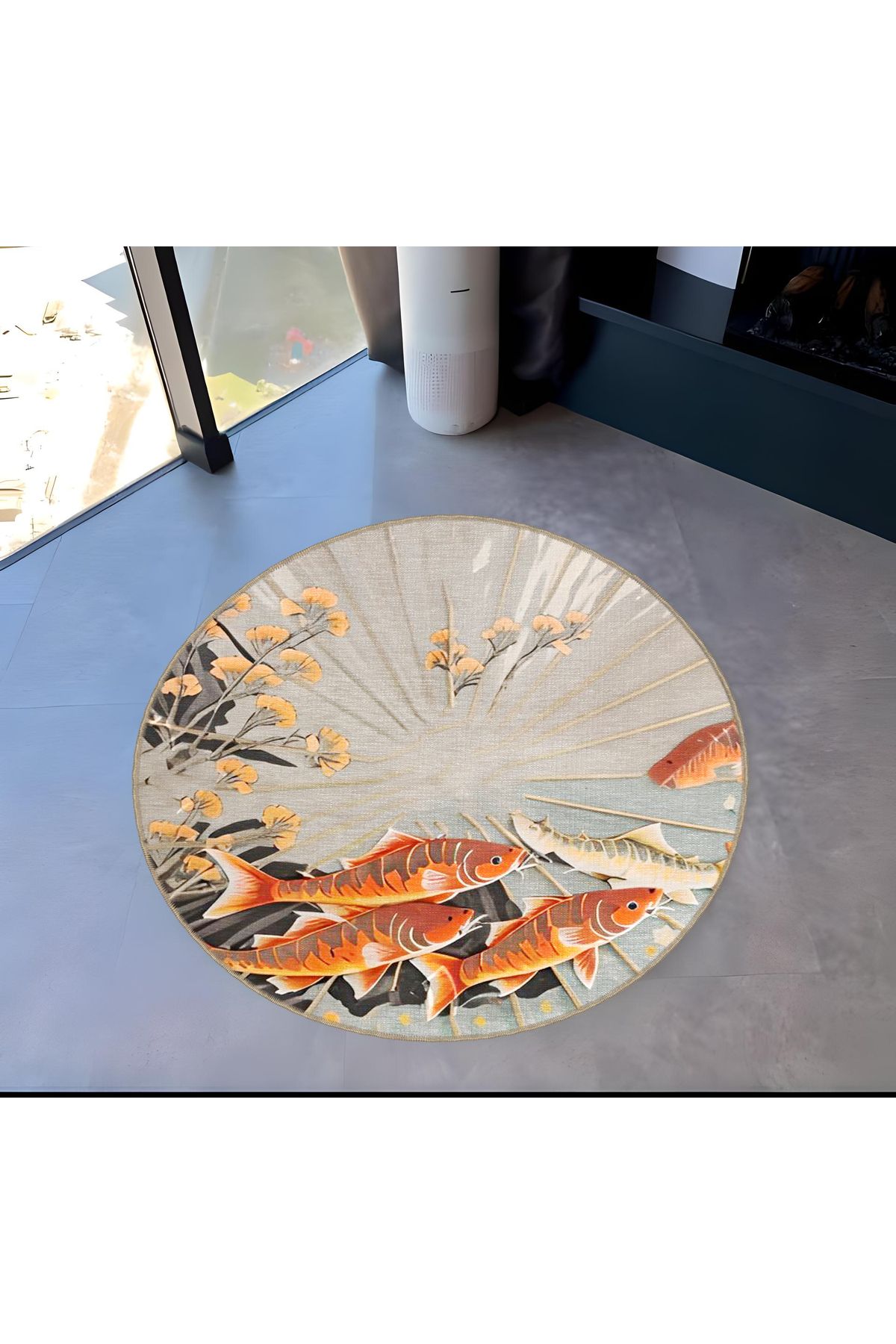 Gri Temalı Turuncu Balık ve Çiçek Desenli Modern Dekoratif Halı 5119