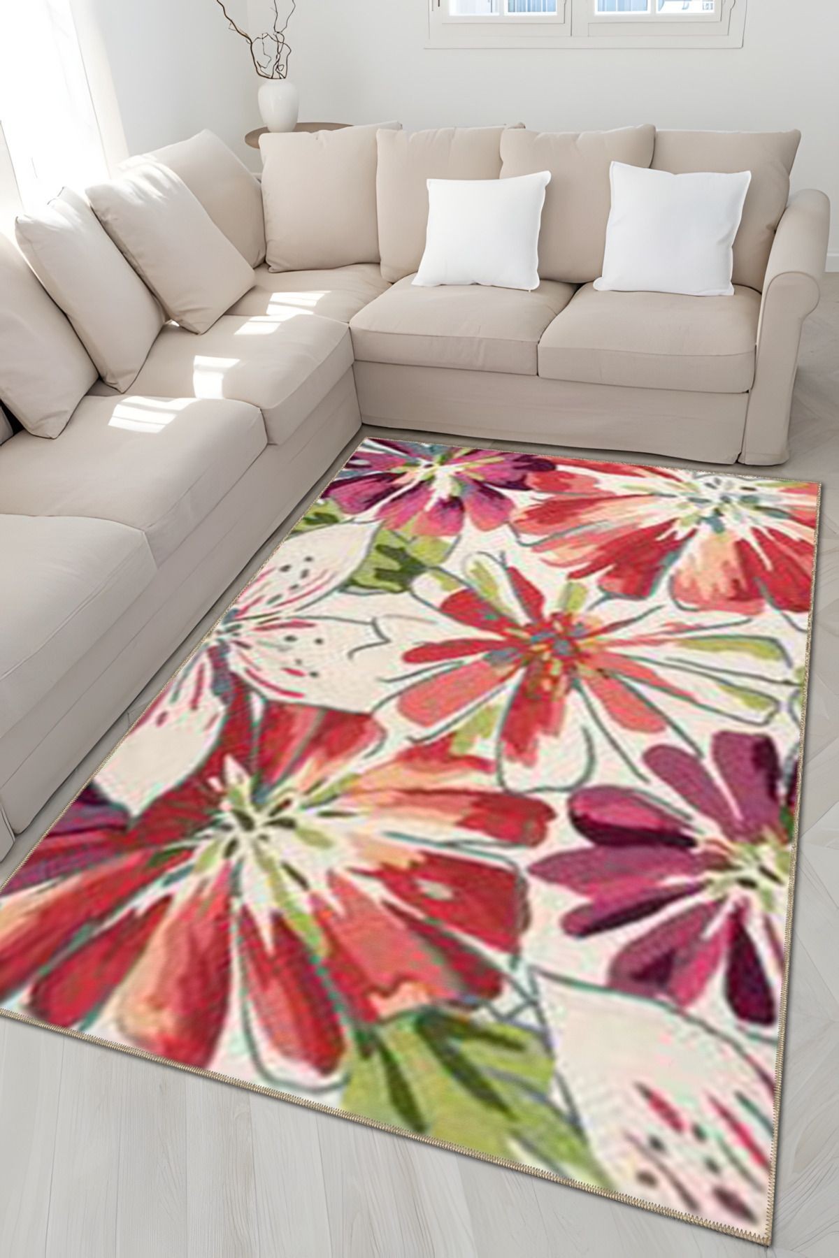 Bej Kırmızı Temalı Çiçek Desenli Kreatif Modern Dekoratif Halı 5037