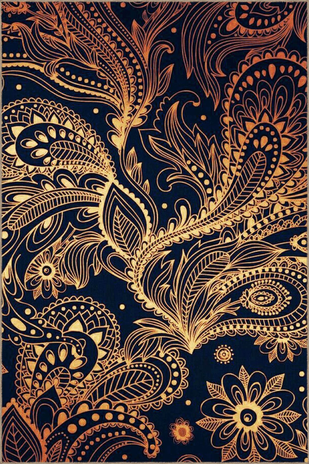 Lacivert Sarı Temalı Floral Soyut Figür Desenli Modern Dekoratif Halı 4819