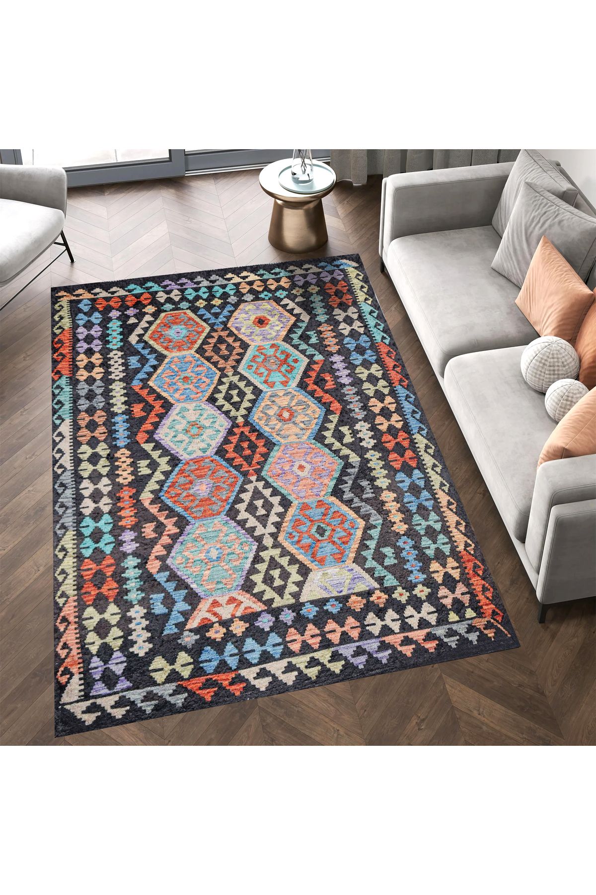 Mete Koleksiyonu Çok Renkli İskandinav Geometrik Detaylar Desenli Vintage Dekoratif Halı 47