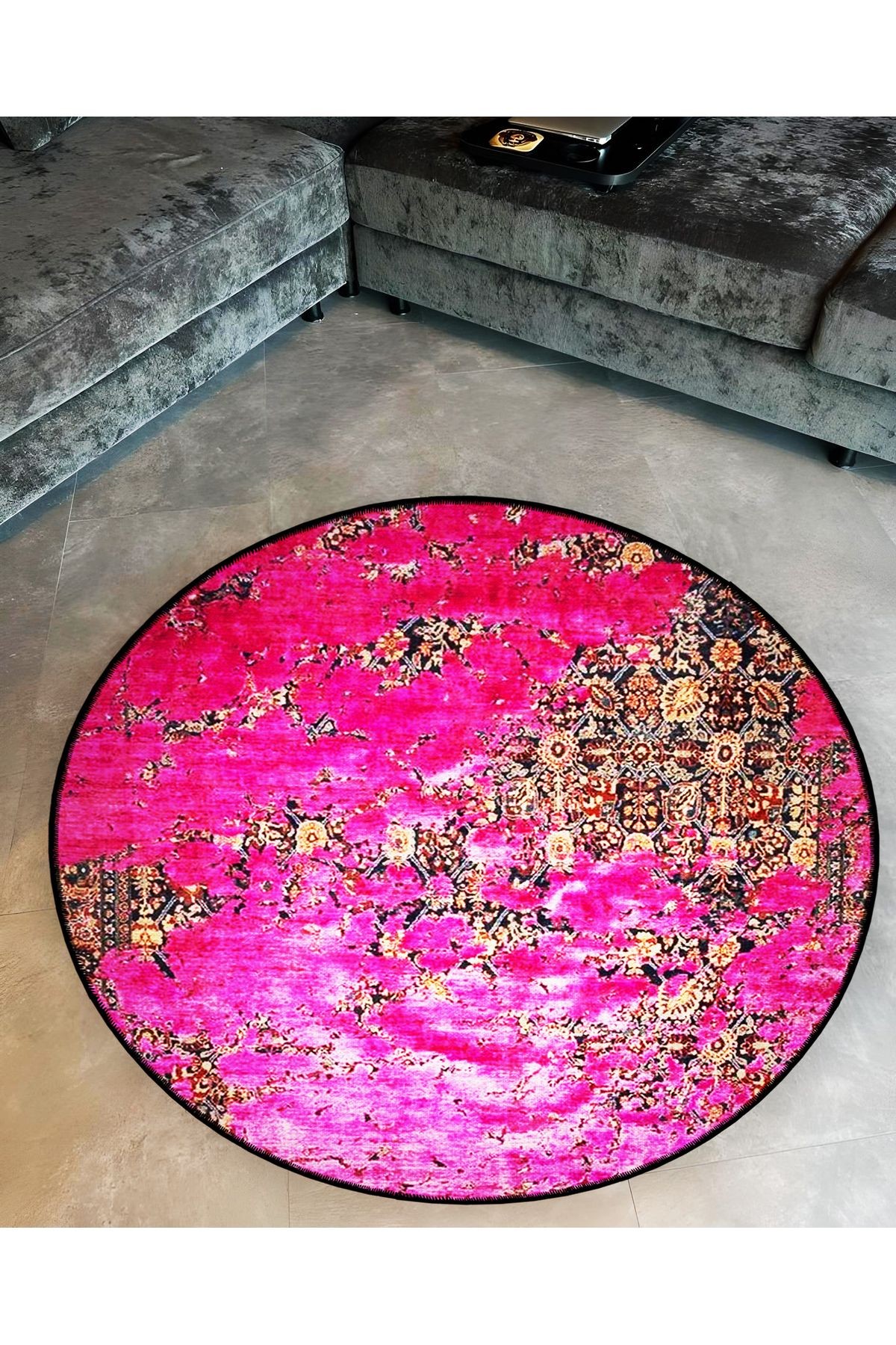 Pembe Temalı Motifli Soyut Desenli Yuvarlak Dokuma Taban Vintage Dekoratif Halı 6178