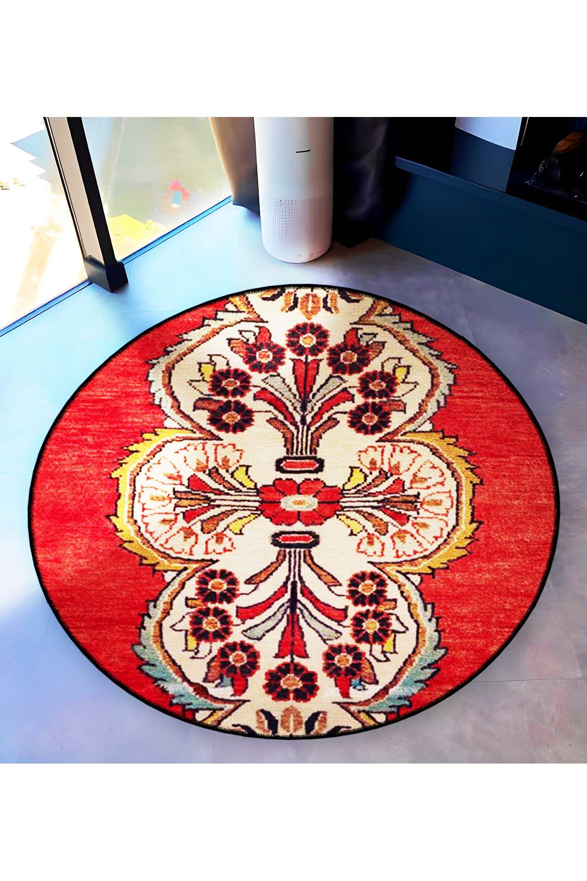 Bej Kırmızı Temalı Motifli Geleneksel Desenli Yuvarlak Dokuma Taban Vintage Dekoratif Halı 6217