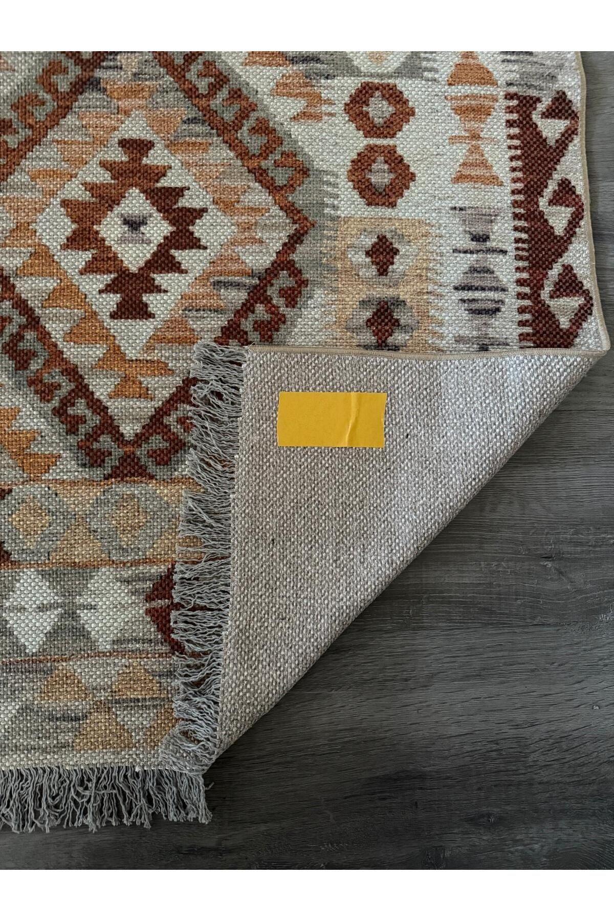 Cotton Pamuklu Çok Renkli Kiremit Tonlarda Otantik Desenli Kilim 501