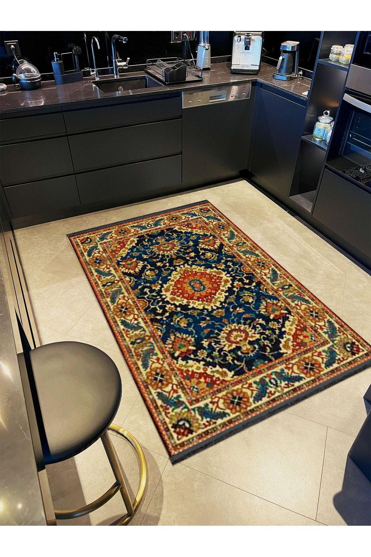 İnci Koleksiyonu Lacivert Tema Geleneksel Motif Desenli Dokuma Taban Vintage Dekoratif Halı inci26