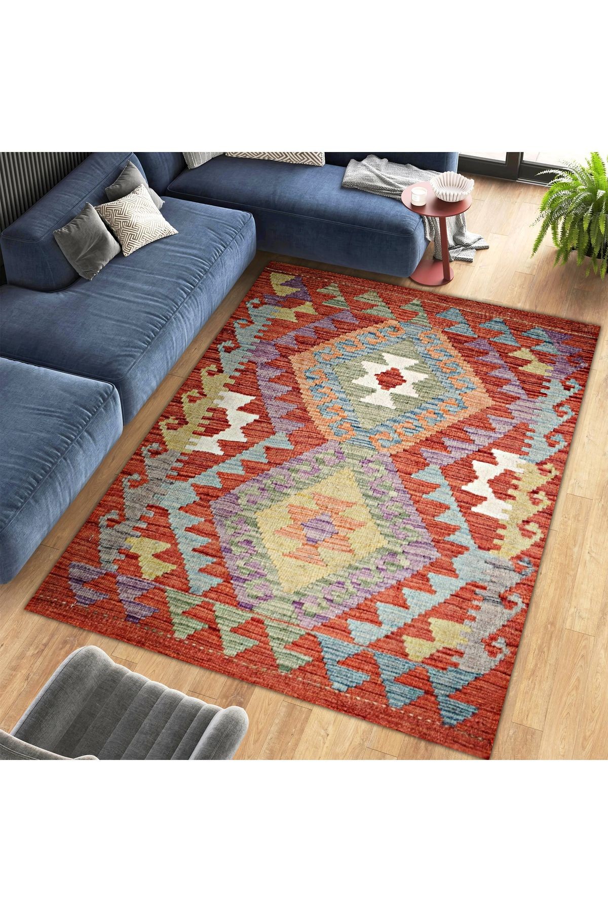 Asena Koleksiyonu Çok Renkli Geometrik Şekiller Desenli Vintage Dekoratif Halı 17