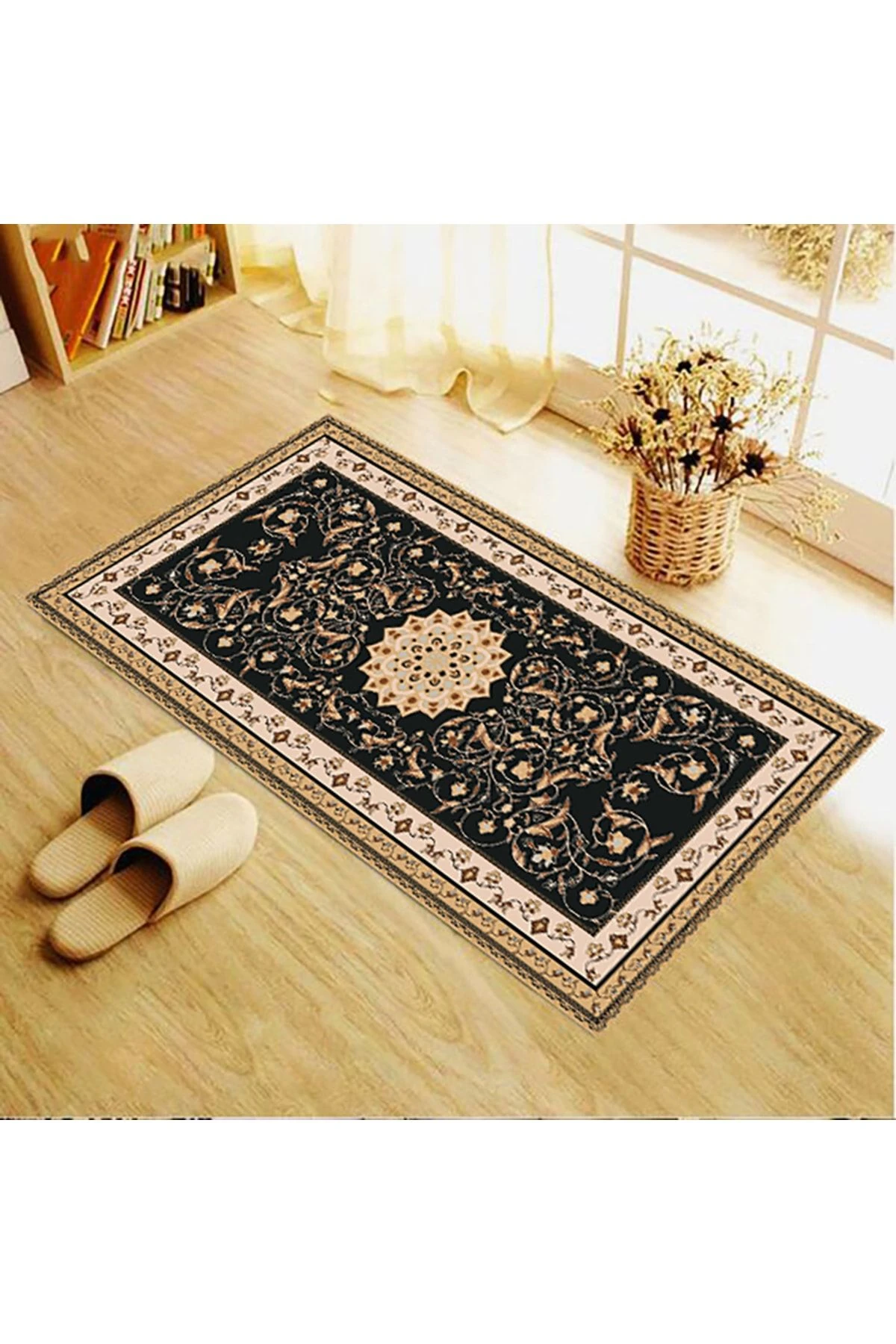 Siyah Ve Kahverengi Çiçek Karışımlı Geometrik Desenli Seccade 70x120