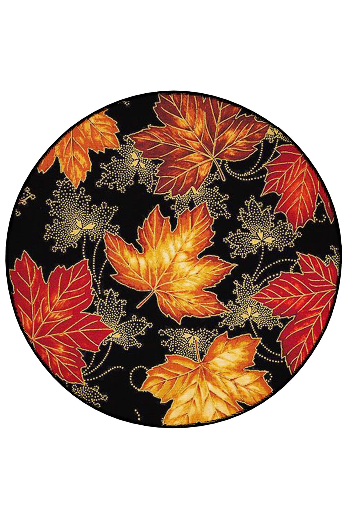 Mira Yuvarlak Siyah Sonbahar Yaprakları Detaylı Dokuma Taban Modern Dekoratif Halı 5578