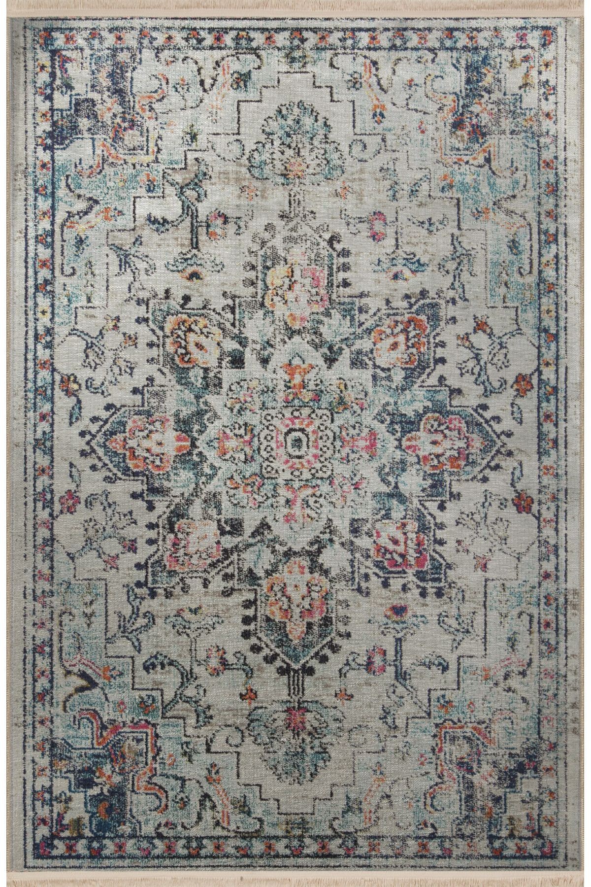 Bej Temalı Çok Renkli Geleneksel Motif Çiçek Desenli Kreatif Vintage Dekoratif Halı 2931